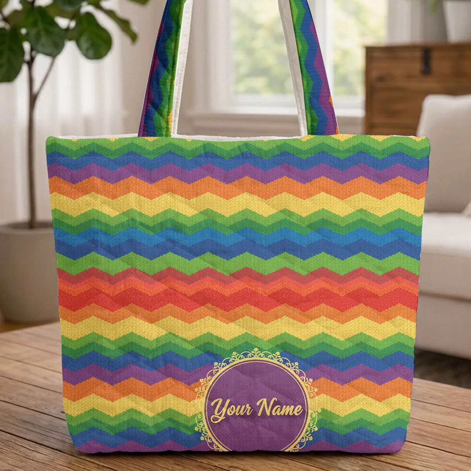 Ornate Medallion Filigree Border Geometric Chevron Goldenrod Stripes - Everyday Travel Essential Quilted Tote Bag - 1