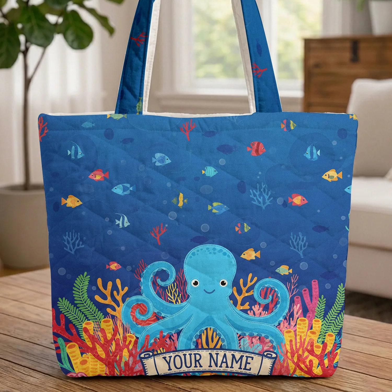 Large Blue Octopus Colorful Coral Reef Tropical Fish Deep Ocean - Ocean Life Lover Gift Quilted Tote Bag - 1