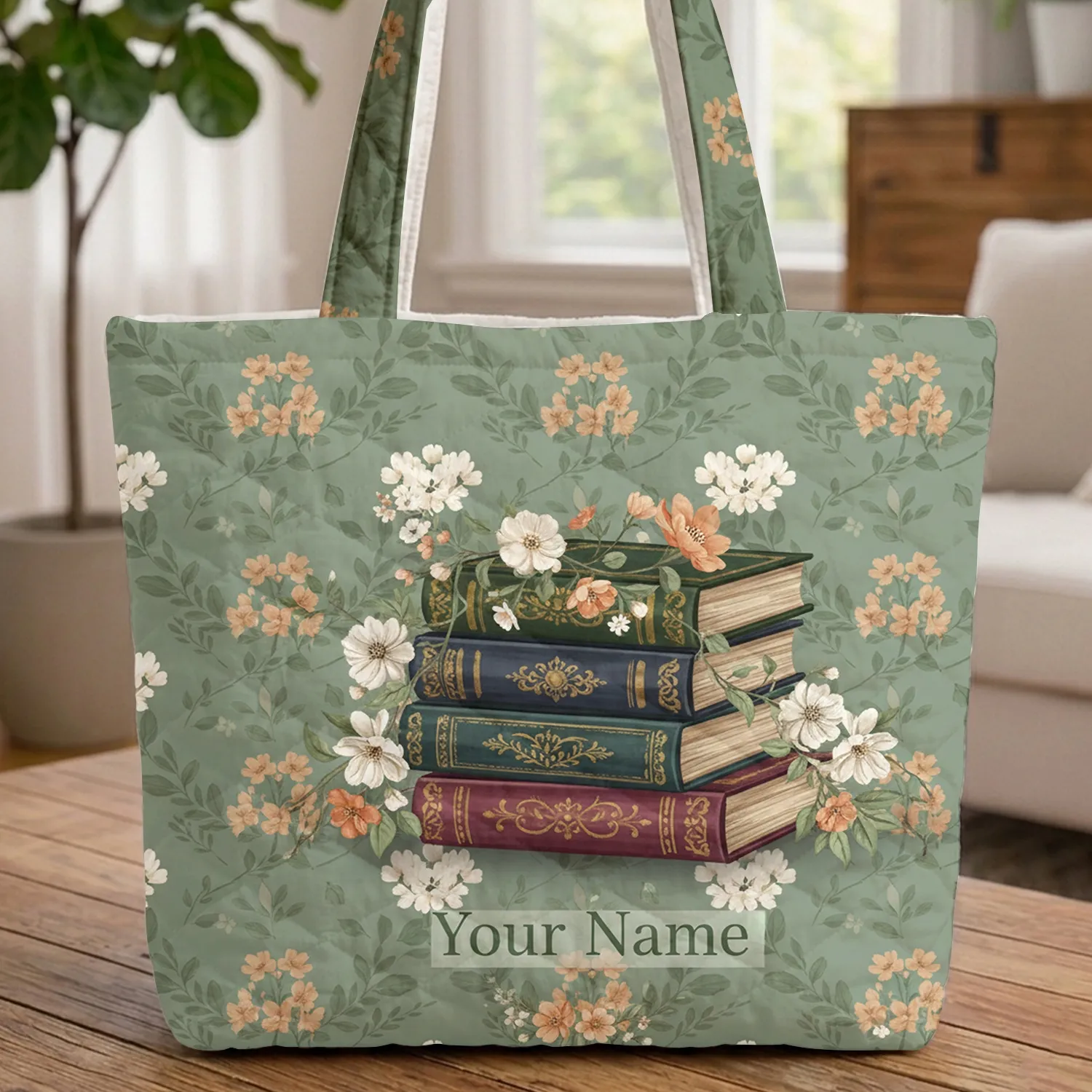 Vintage Books Botanical Garlands Sage Leaves - Book Lover Bag Gift Quilted Tote Bag - 1
