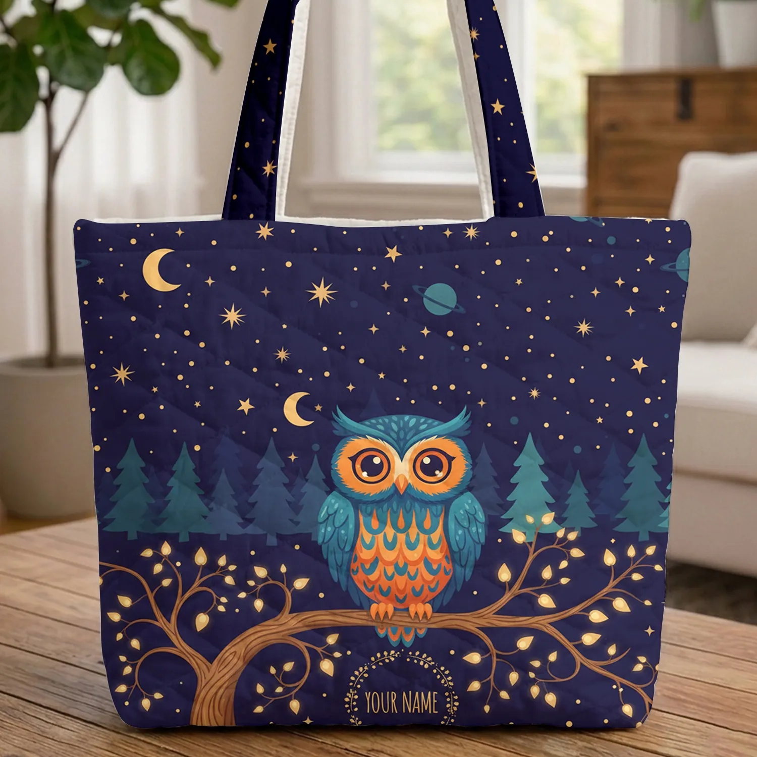 Personalized Owl Forest Stars Planets Floral - Wildlife Lover Gift Quilted Tote Bag - 1