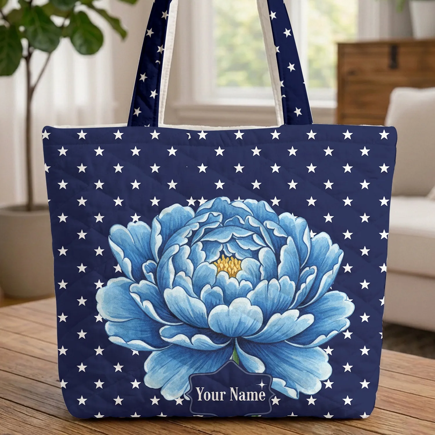 Blue Peony Starry Name Flower - Personalized Everyday Carry Gift Quilted Tote Bag - 1