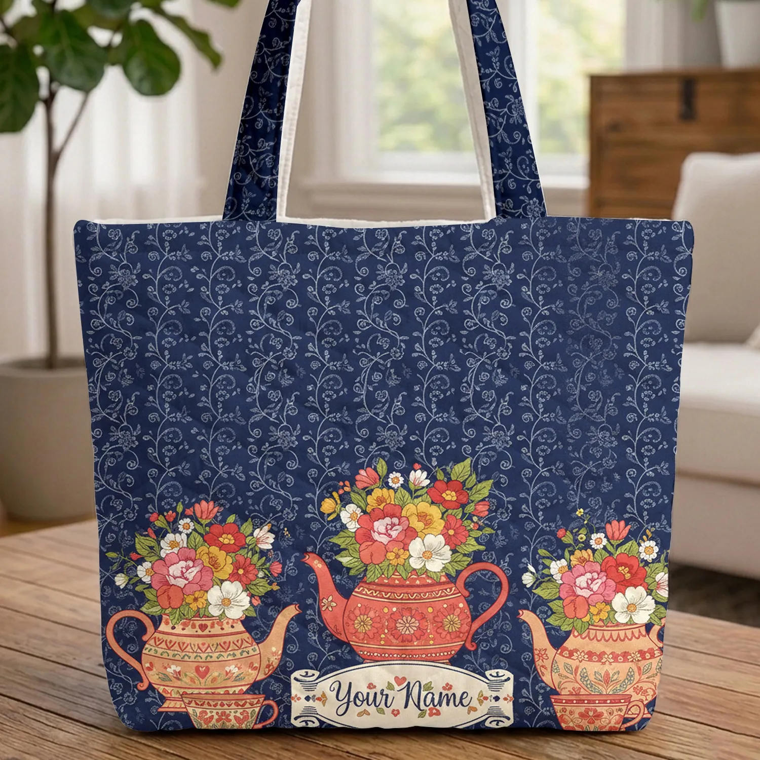 Ornate Teapots Teacups Floral Vines Name Scroll - Tea Lover Everyday Gift Quilted Tote Bag - 1
