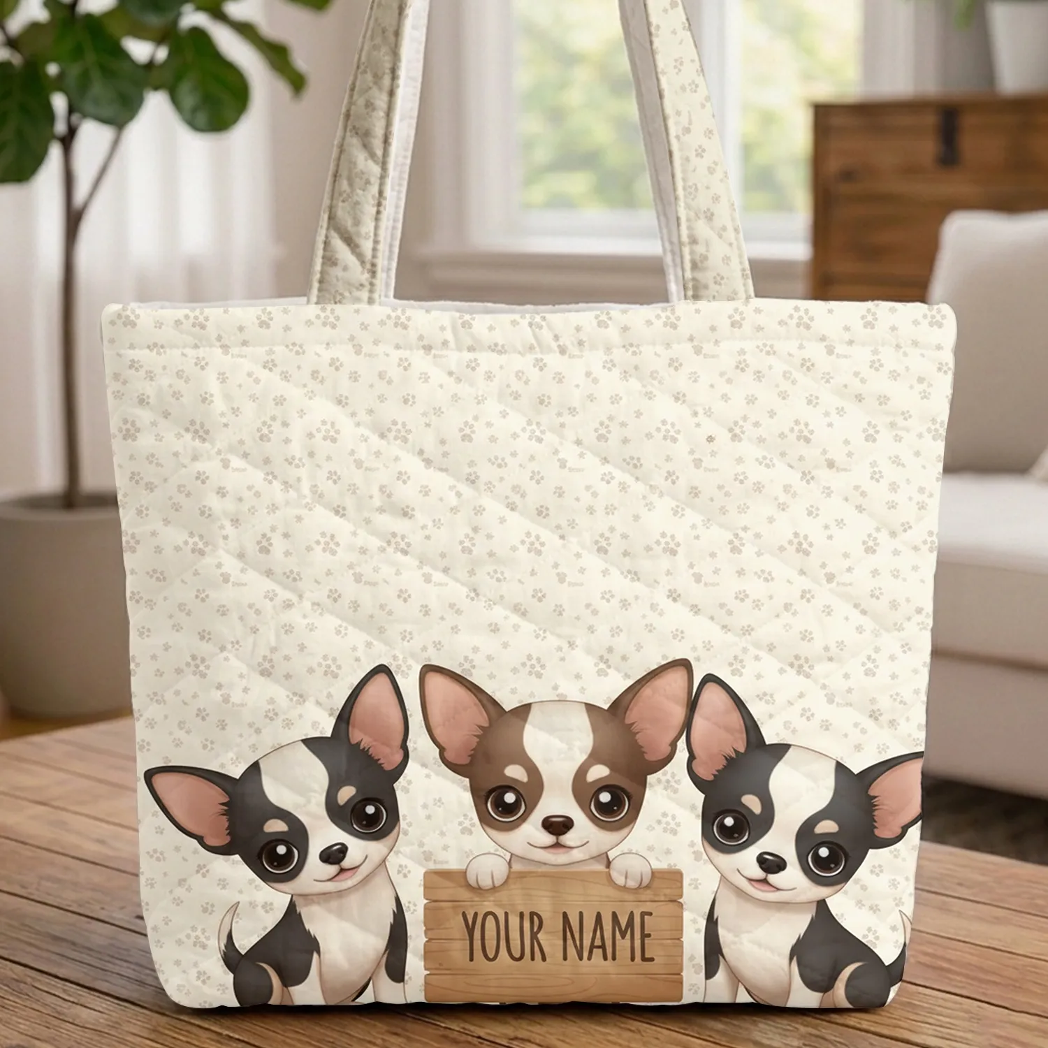 Chihuahua Puppies Paw Print Name Sign - Personalized Dog Lover Everyday Carry Quilted Tote Bag - 1