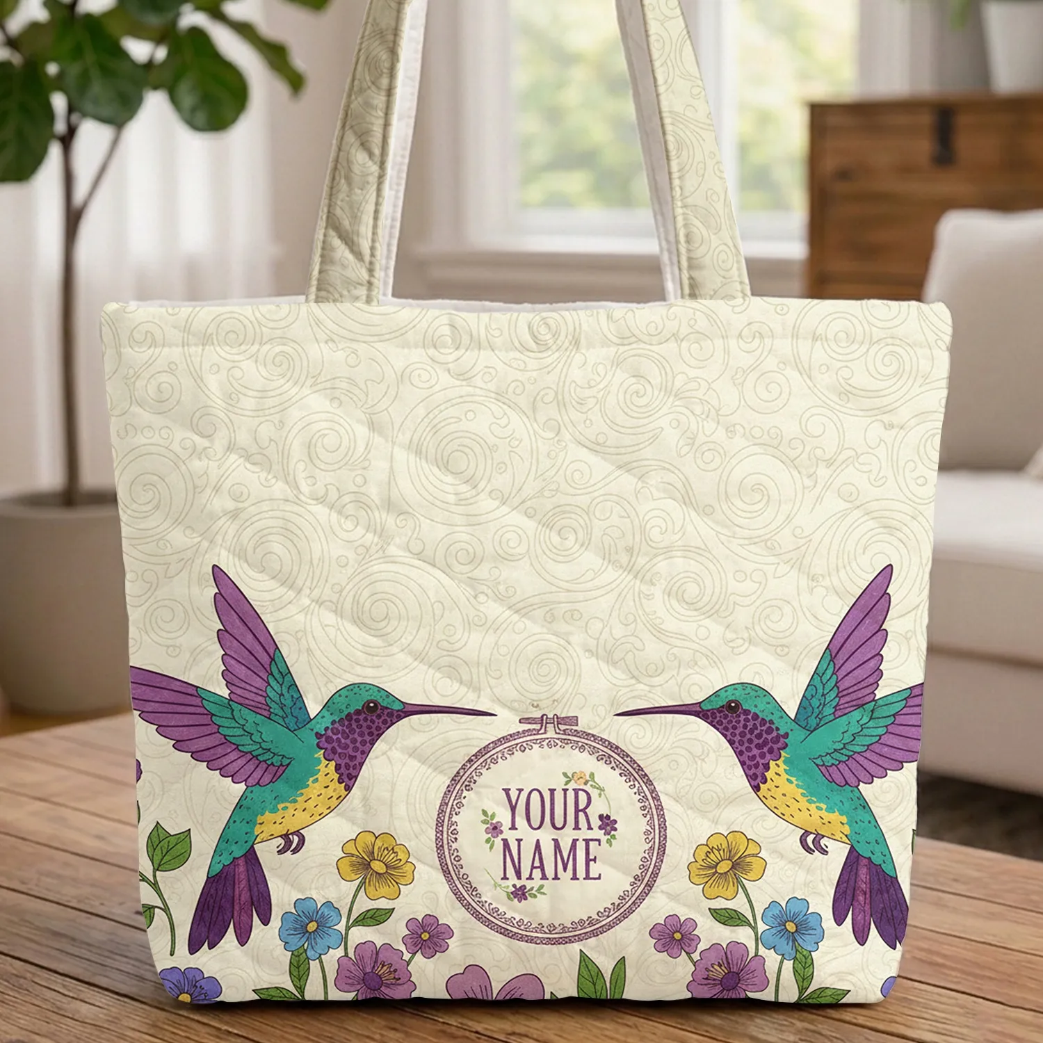 Personalized Hummingbird Garden Frame - Wildlife Lover Gift for Her Quilted Tote Bag - 1