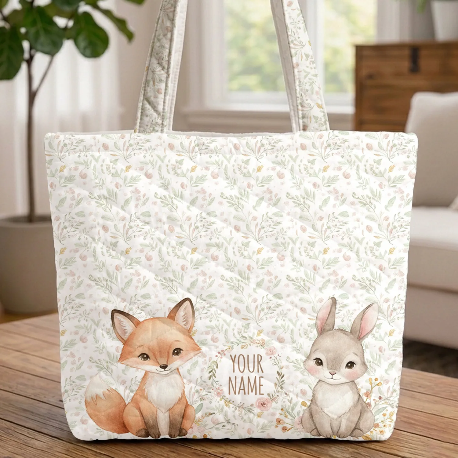 Baby Fox Baby Bunny Wildflower Leaves Your Name - Wildlife Lover Gift Quilted Tote Bag - 1