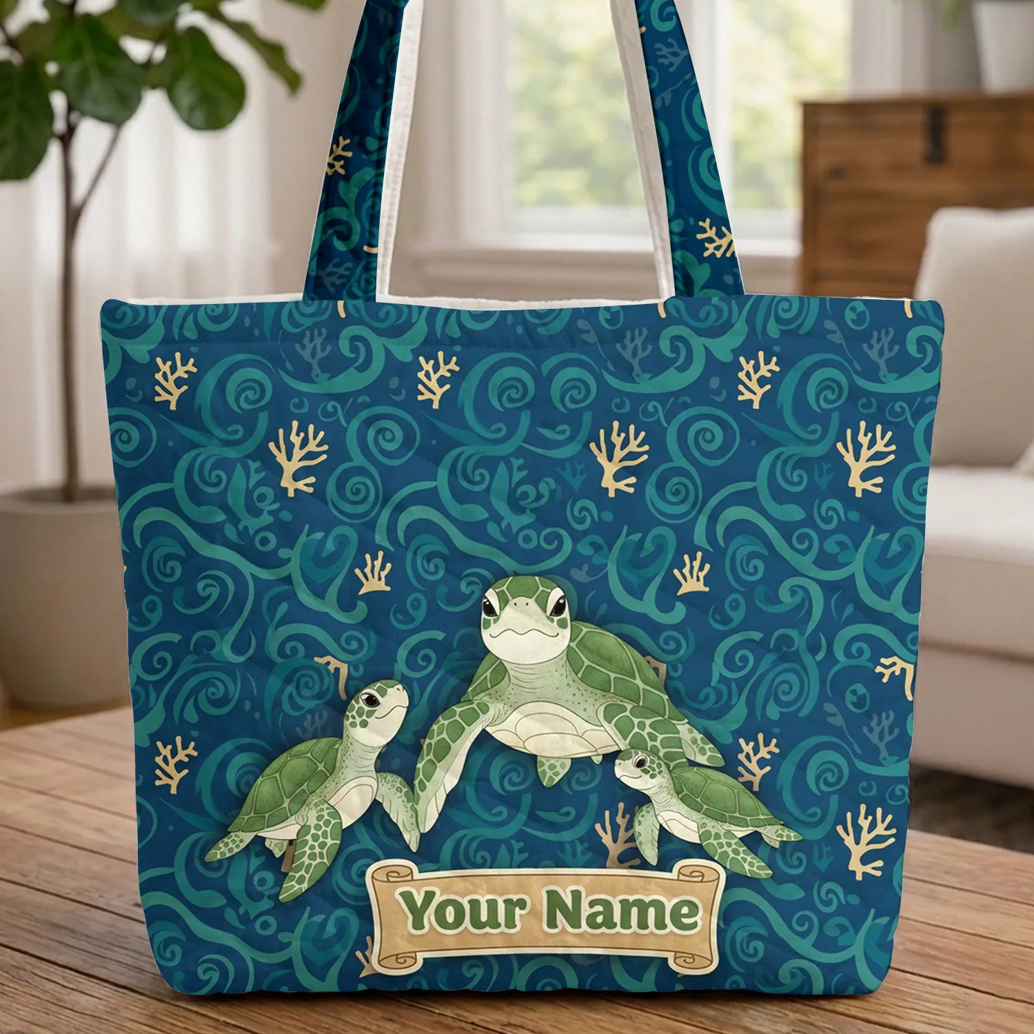 Sea Turtles Ocean Currents Decorative Scroll - Ocean Lover Gift Quilted Tote Bag - 1