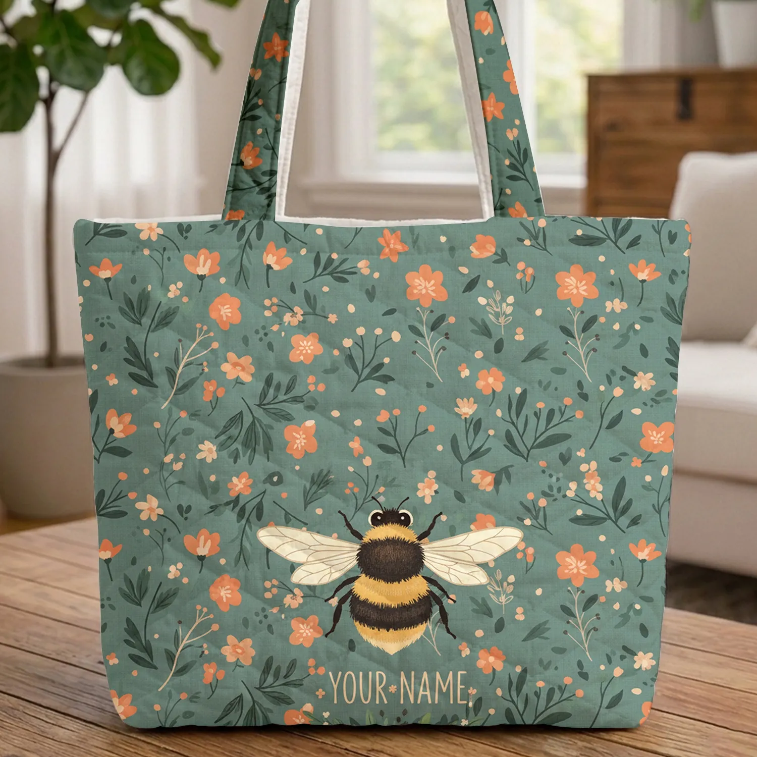 Bumblebee Floral Wreath Personalized - Everyday Nature Lover Gift Quilted Tote Bag - 1