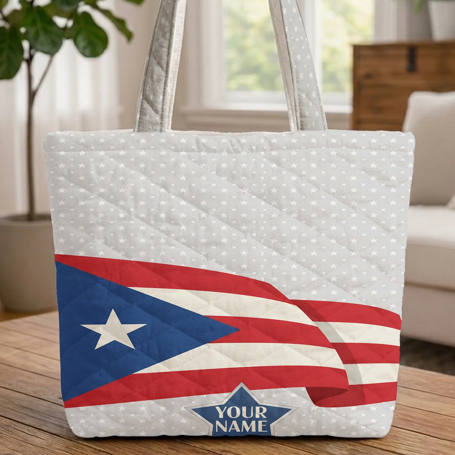 Puerto Rican Flag Personalized Star Name White Stars - Heritage Traveler Gift Quilted Tote Bag - 1