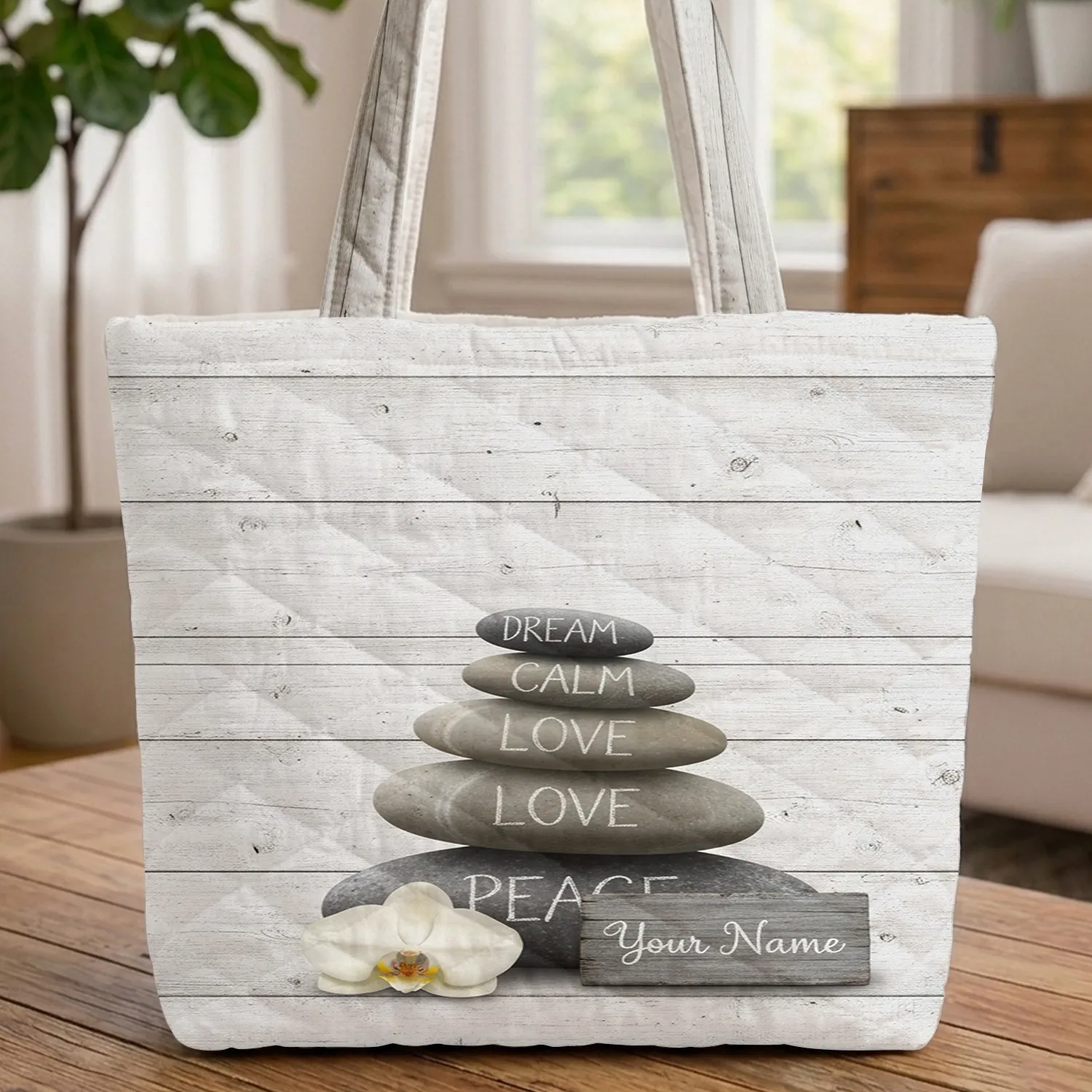 Spiritual Cairn Stacked Stones Orchid - Personalized Encouragement Present Quilted Tote Bag - 1