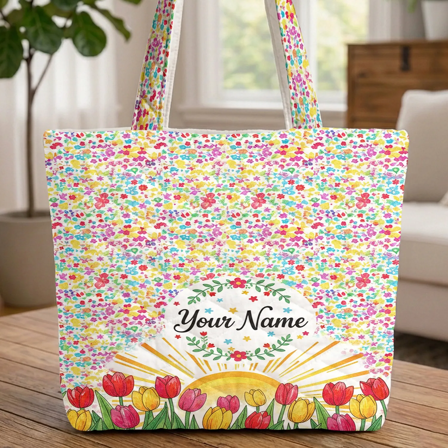 Botanical Tulips Rising Sun Floral Wreath Leaves - Garden Lover Gift Quilted Tote Bag - 1