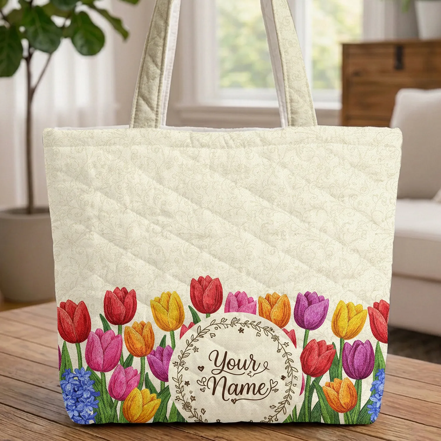 Colorful Tulips Blue Hyacinth Floral Wreath Name - Springtime Gift for Her Quilted Tote Bag - 1