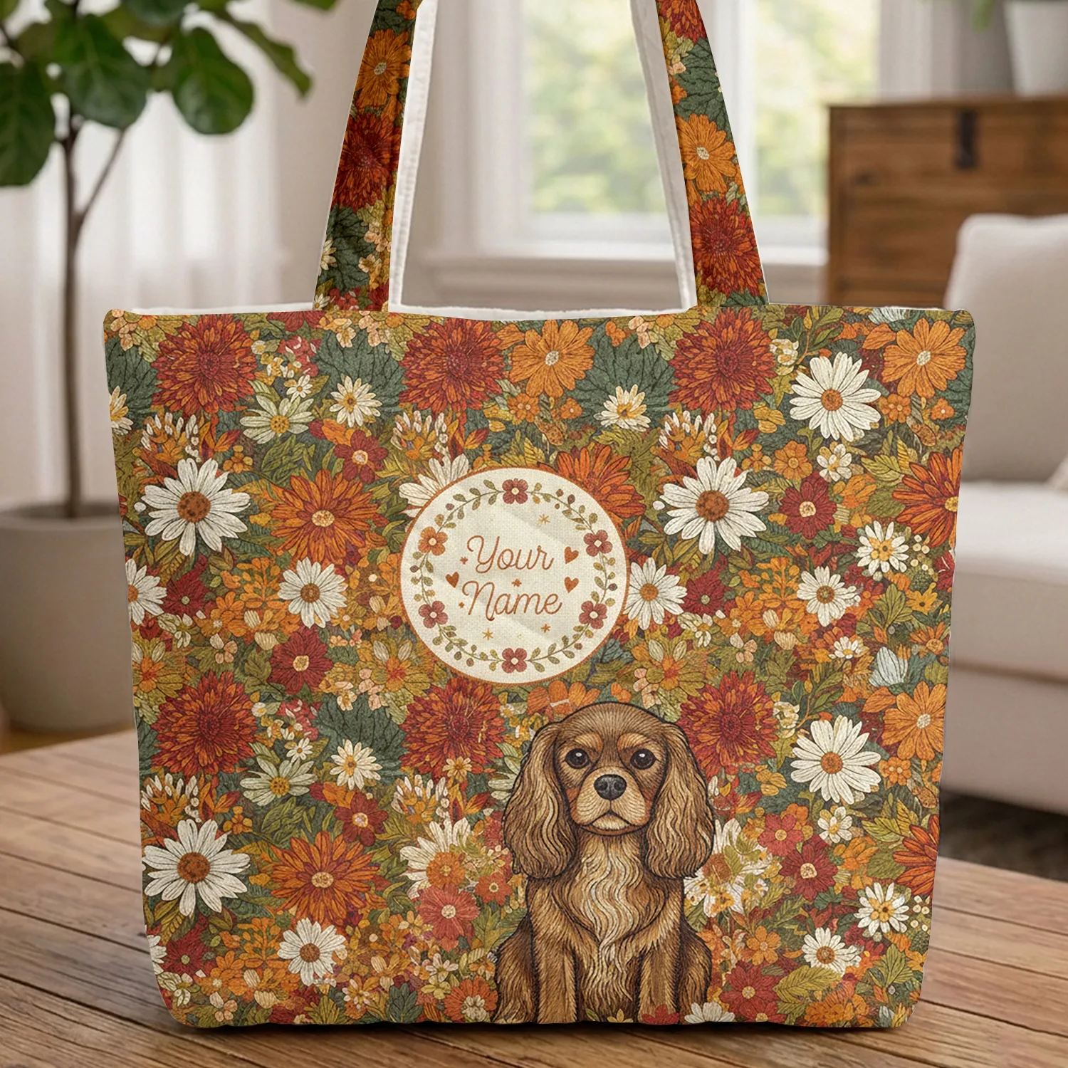 King Charles Spaniel Autumn Flowers - Fall Season Dog Lover Gift Quilted Tote Bag - 1