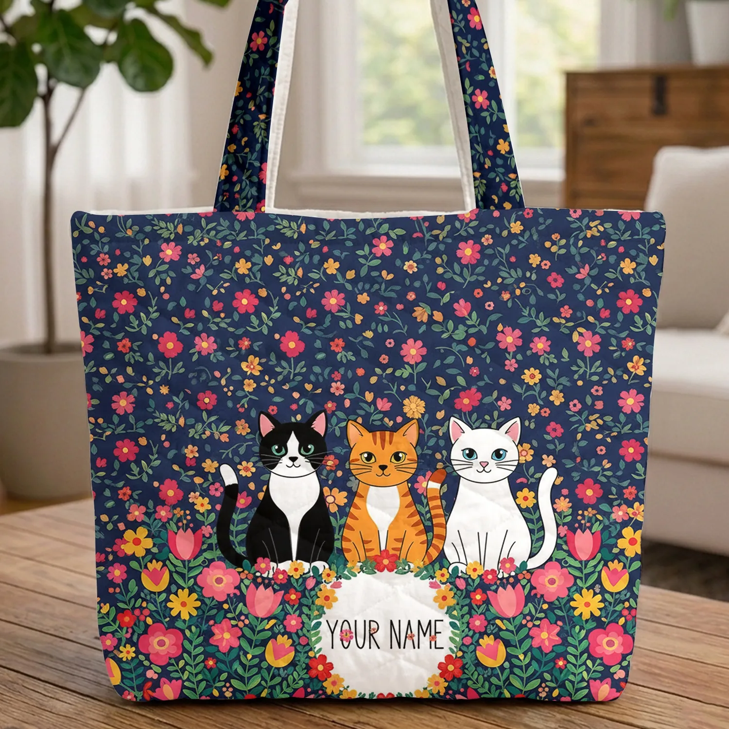 Three Cats Folk Art Flowers Floral Wreath Garden Scene - Cat Lover Everyday Gift Quilted Tote Bag - 1