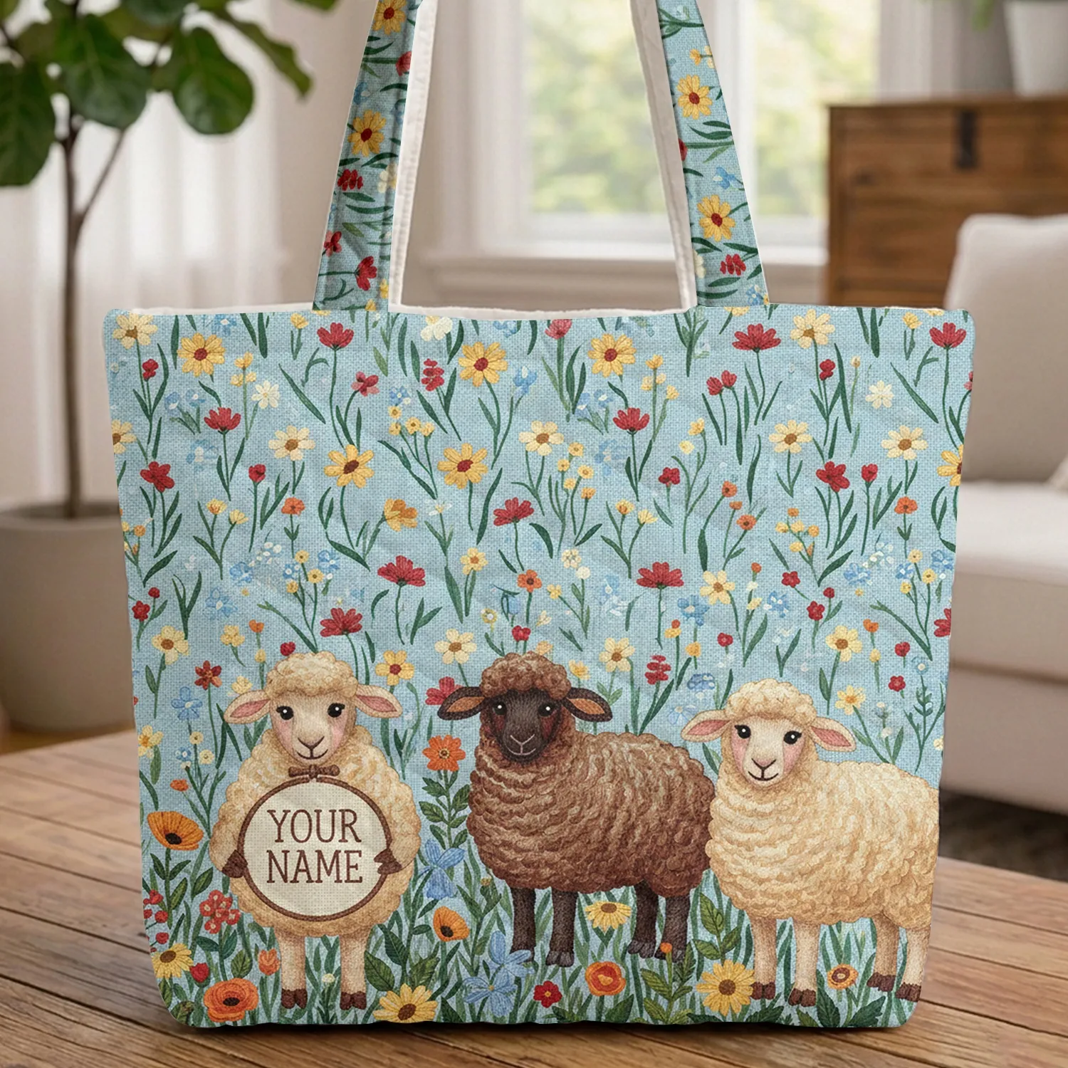 Sheep Wildflowers Name Hoop - Nature Lover Everyday Gift Quilted Tote Bag - 1