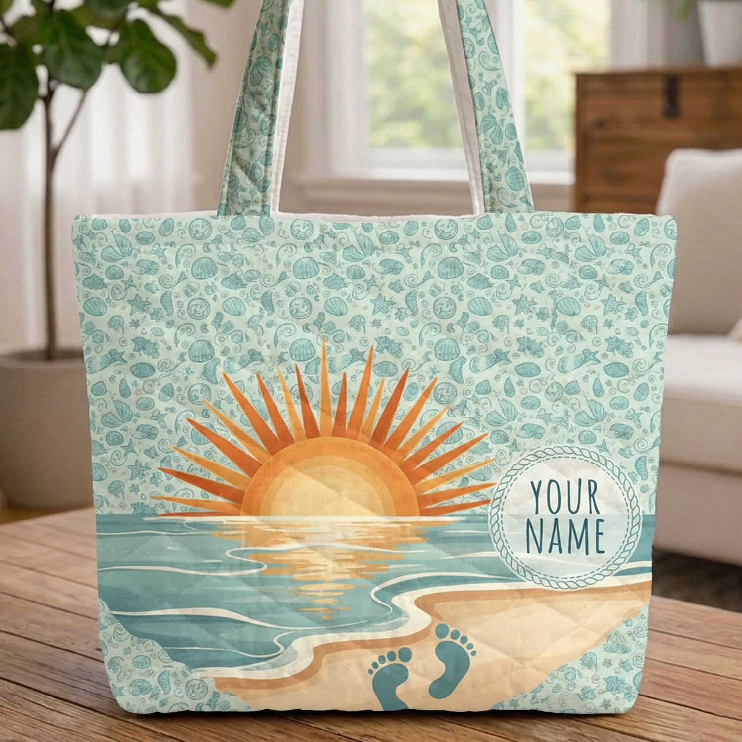 Setting Sun Ocean Waves Footprints Seashells - Coastal Travel Gift Quilted Tote Bag - 1