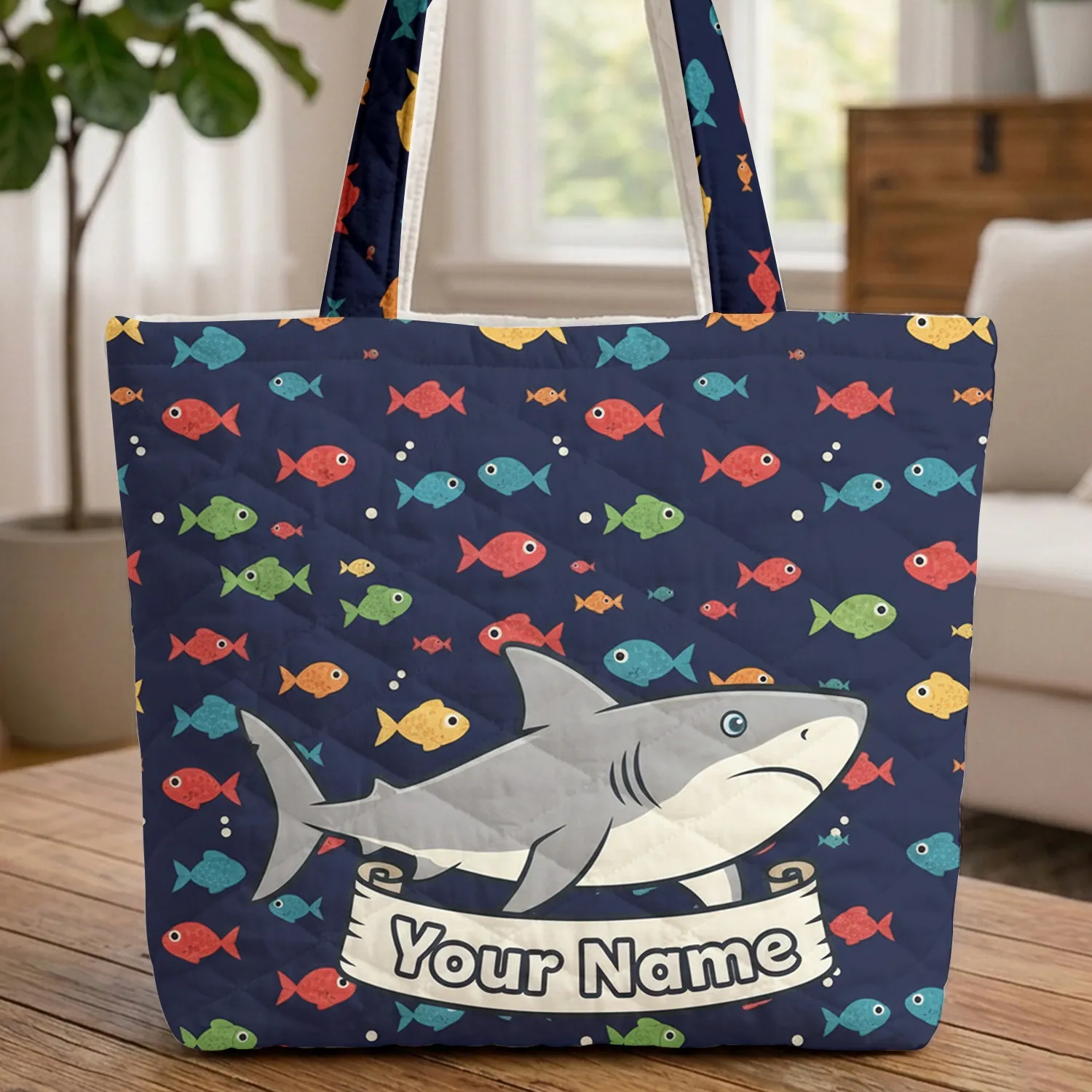 Children's Storybook Great White Shark Small Colorful Fish - Ocean Life Gift Quilted Tote Bag - 1