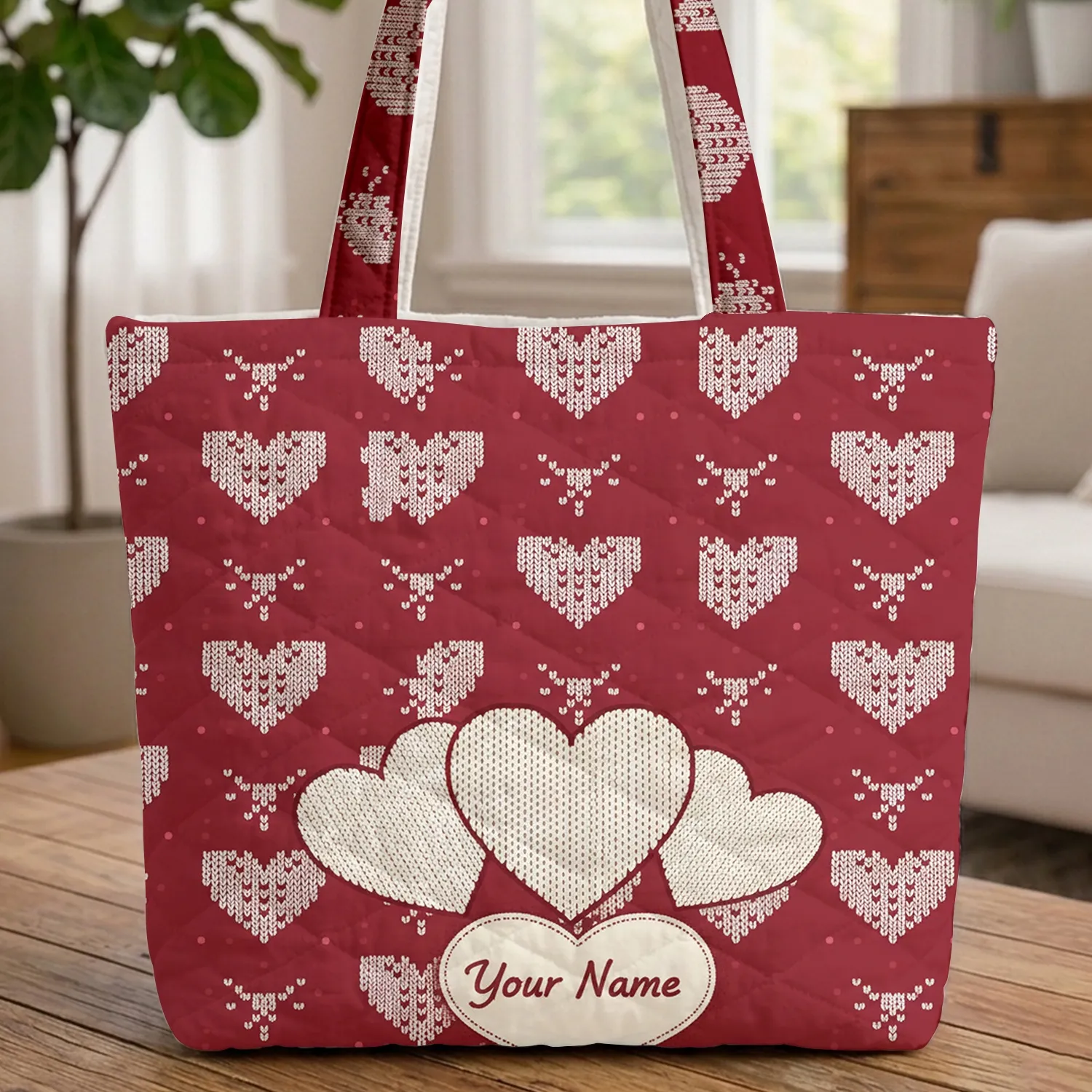 Ruby Red Knitted Hearts - Anniversary Gift for Couples - Valentine's Day Celebration Quilted Tote Bag - 1