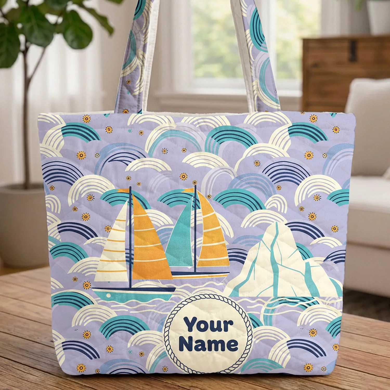 Colorful Sailboats Ocean Waves Sun Rock Formation - Nautical Travel Lifestyle Quilted Tote Bag - 1