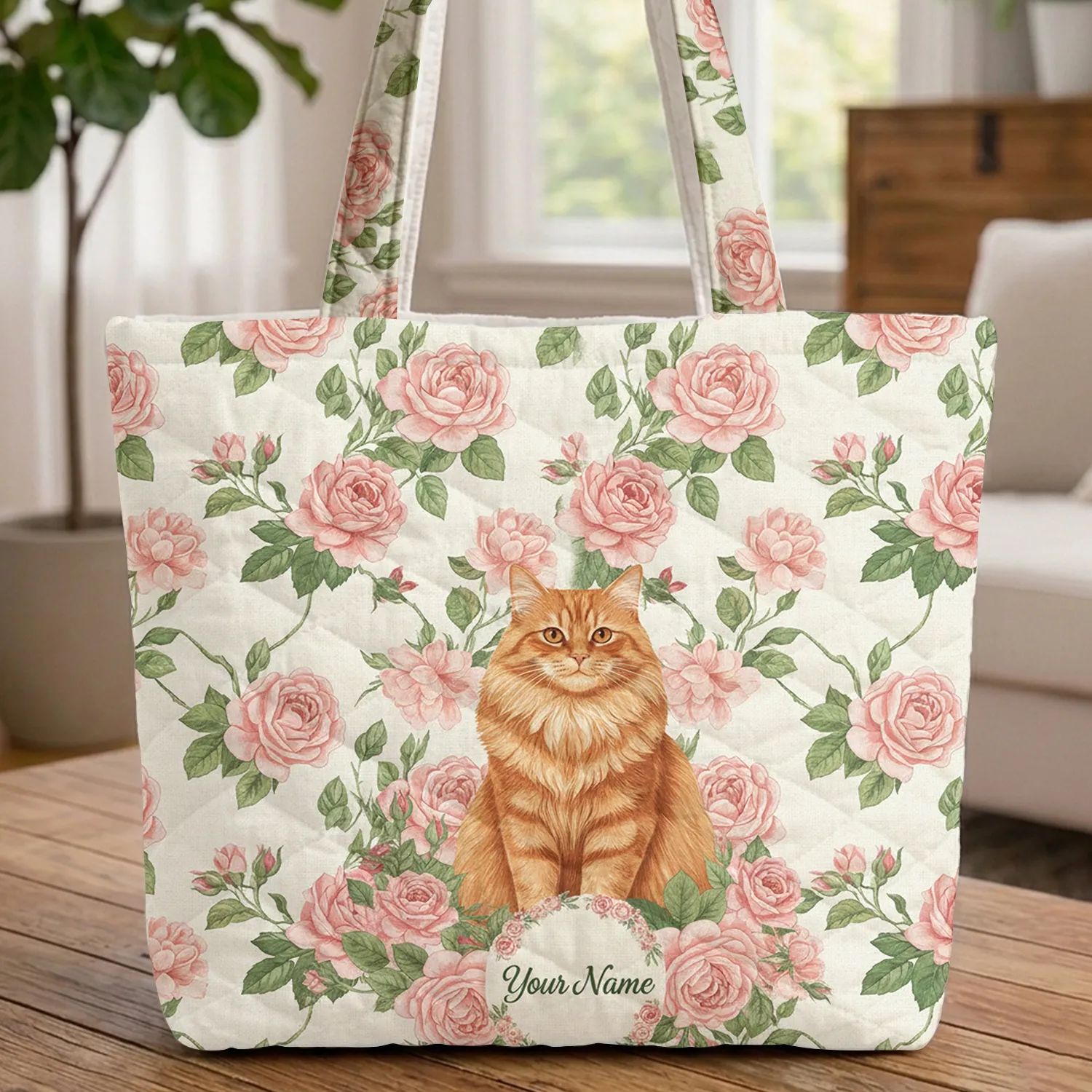 Ginger Cat Sprawling Pink Roses Wreath Everyday Tote Personalized Gift Quilted Tote Bag - 1