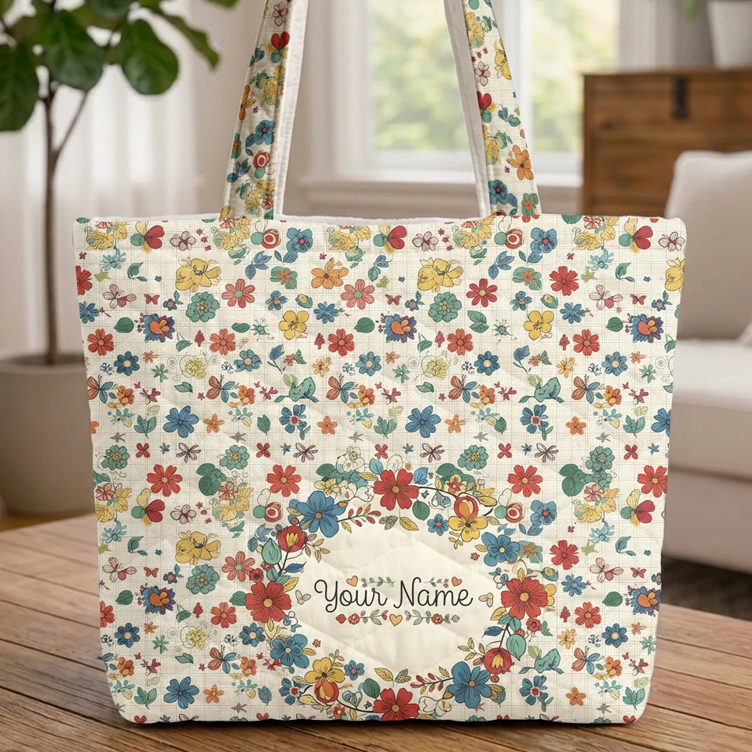 Scattered Floral Butterfly Name Wreath - Personalized Everyday Accessory for Her Quilted Tote Bag - 1