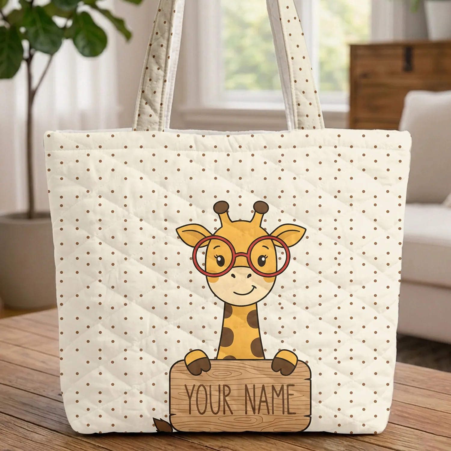 Cartoon Giraffe Red Glasses Wooden Sign - Children's Book Lover Gift for Kids Quilted Tote Bag - 1