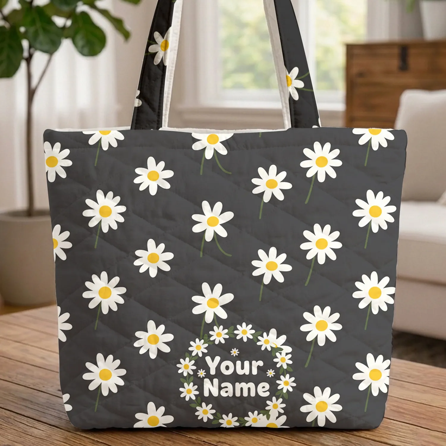 Dark Charcoal Grey Daisy Flower Wreath - Everyday Tote Gift for Garden Lover Quilted Tote Bag - 1