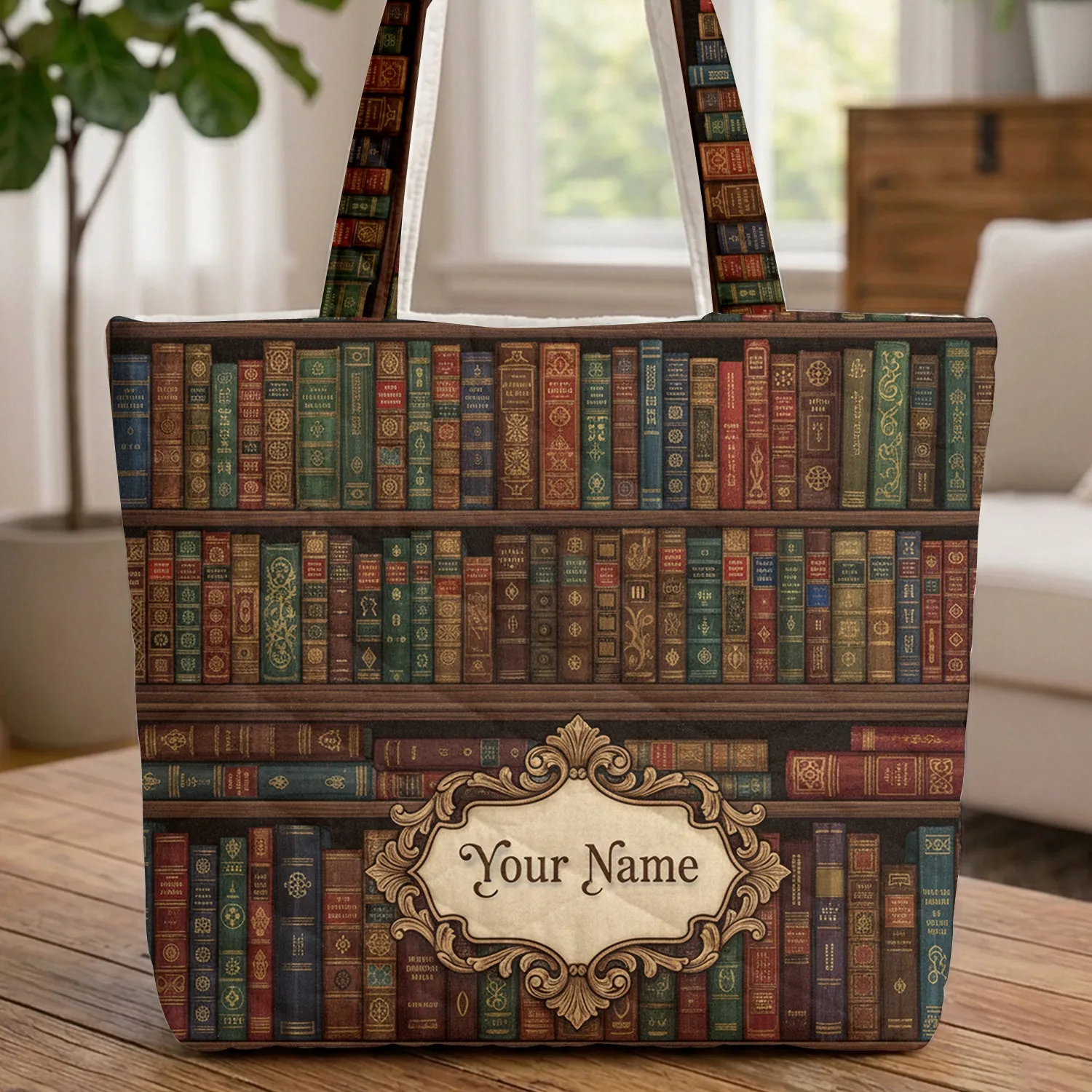 Personalized Ornate Bookshelf Library Wall - Book Lover Gift Quilted Tote Bag - 1
