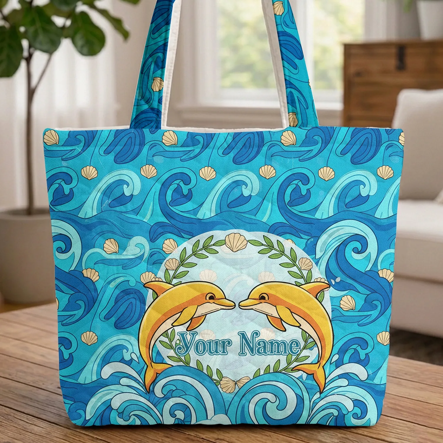 Leaping Dolphins Ocean Waves Seashells Tropical Wreath - Ocean Lover Gift Quilted Tote Bag - 1
