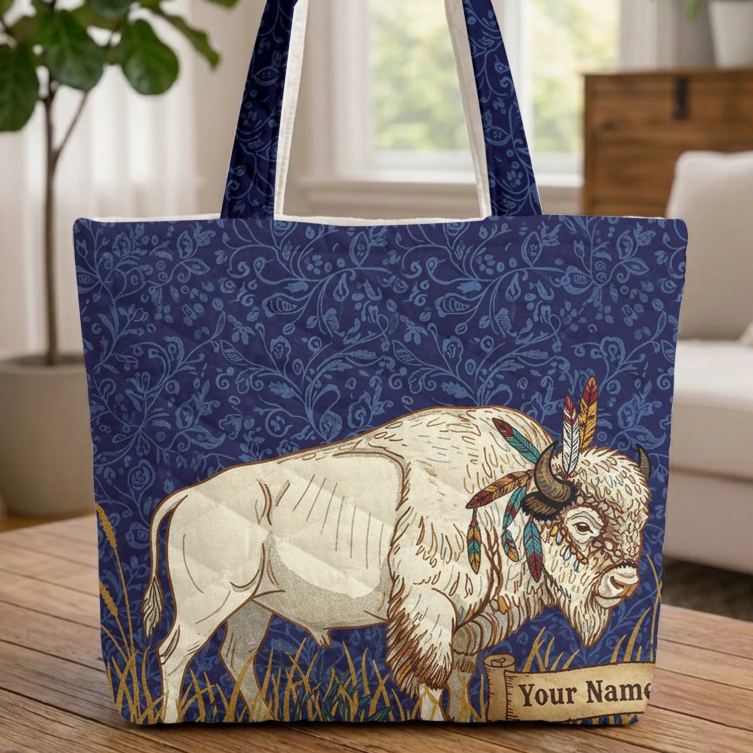 Majestic White Bison Tribal Feather Golden Grass Western Scroll - Wildlife Lover Gift Quilted Tote Bag - 1