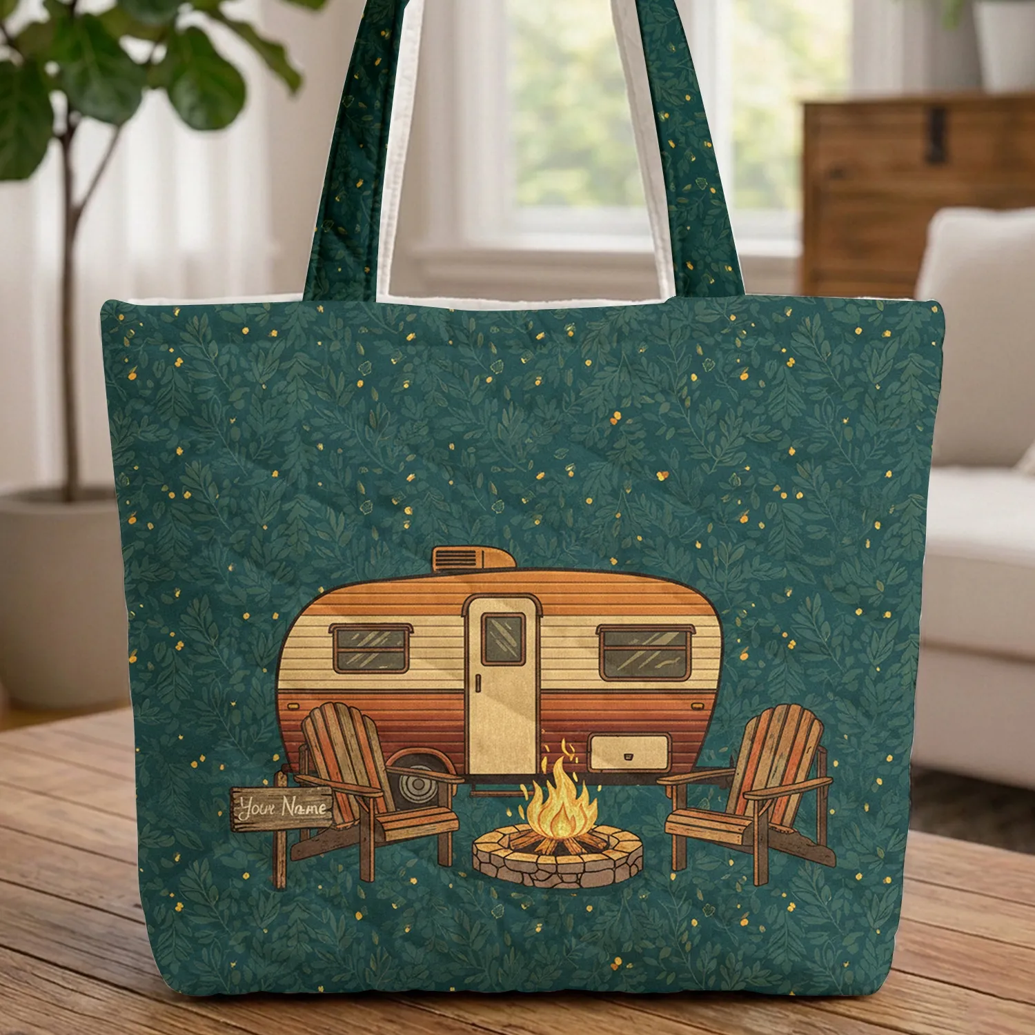 Vintage Travel Trailer Campfire Personalized Rustic Sign - Outdoor Living Gift Quilted Tote Bag - 1