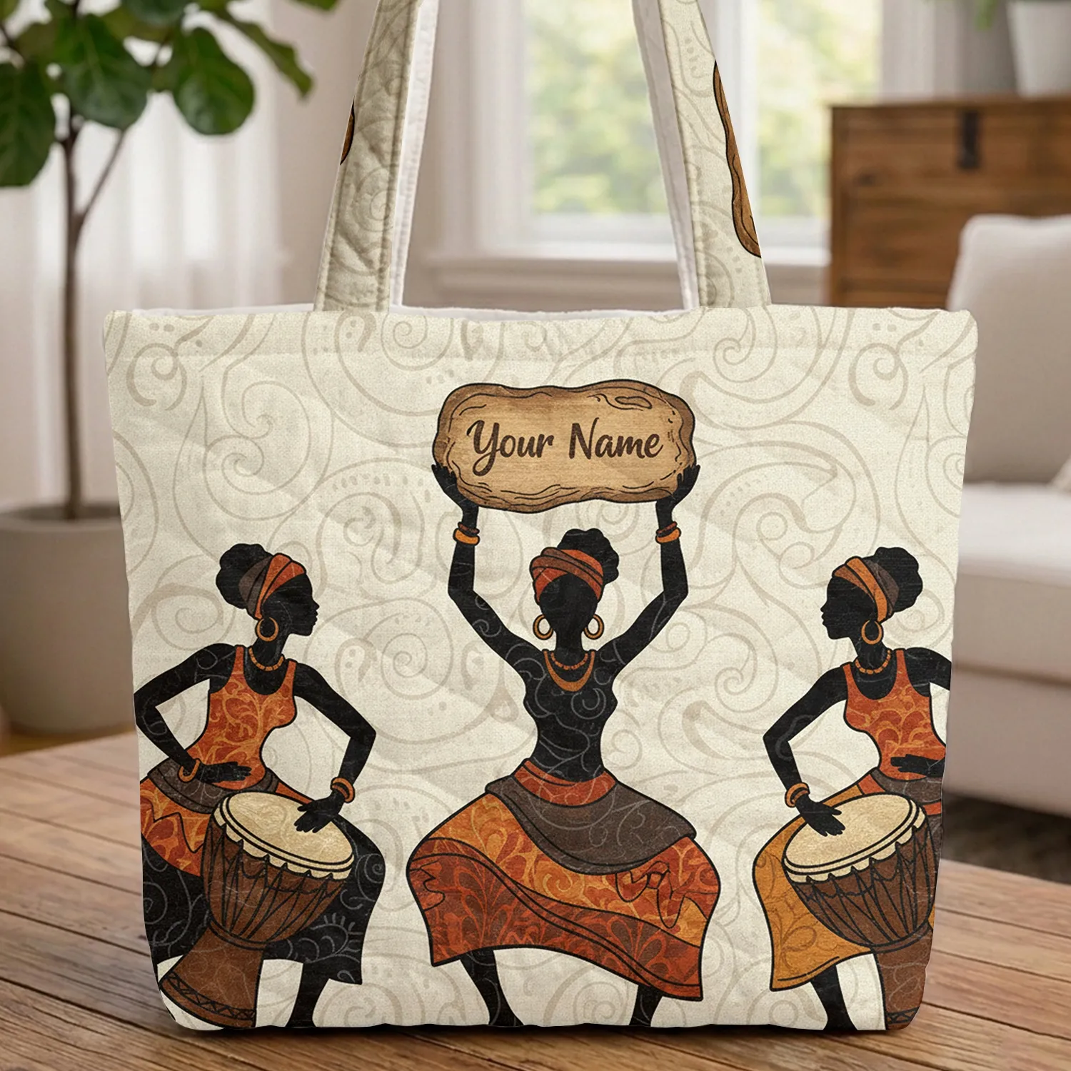 African Drummers Wooden Sign - Cultural Art Music Lover Gift Quilted Tote Bag - 1