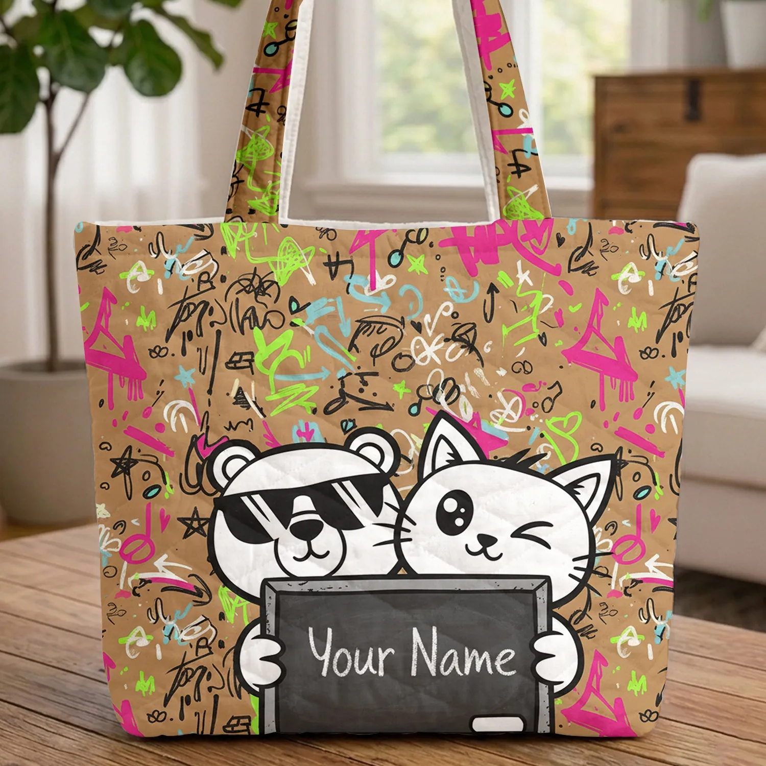 Bear Winking Cat Graffiti Chalkboard - Everyday Use Gift Quilted Tote Bag - 1