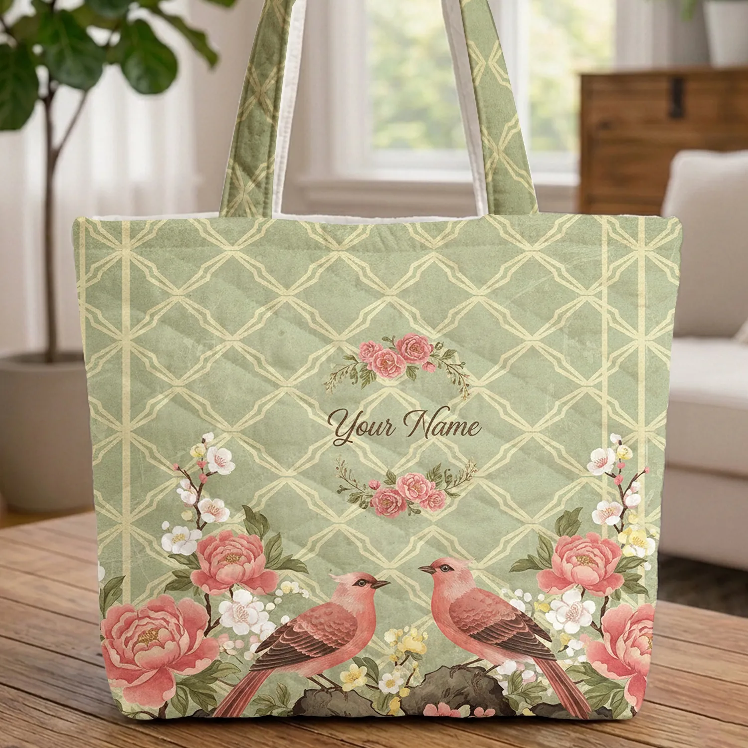 Chinoiserie Ornate Birds Peony Cherry Blossom Flowers Floral Wreath Quilted Tote Bag - 1