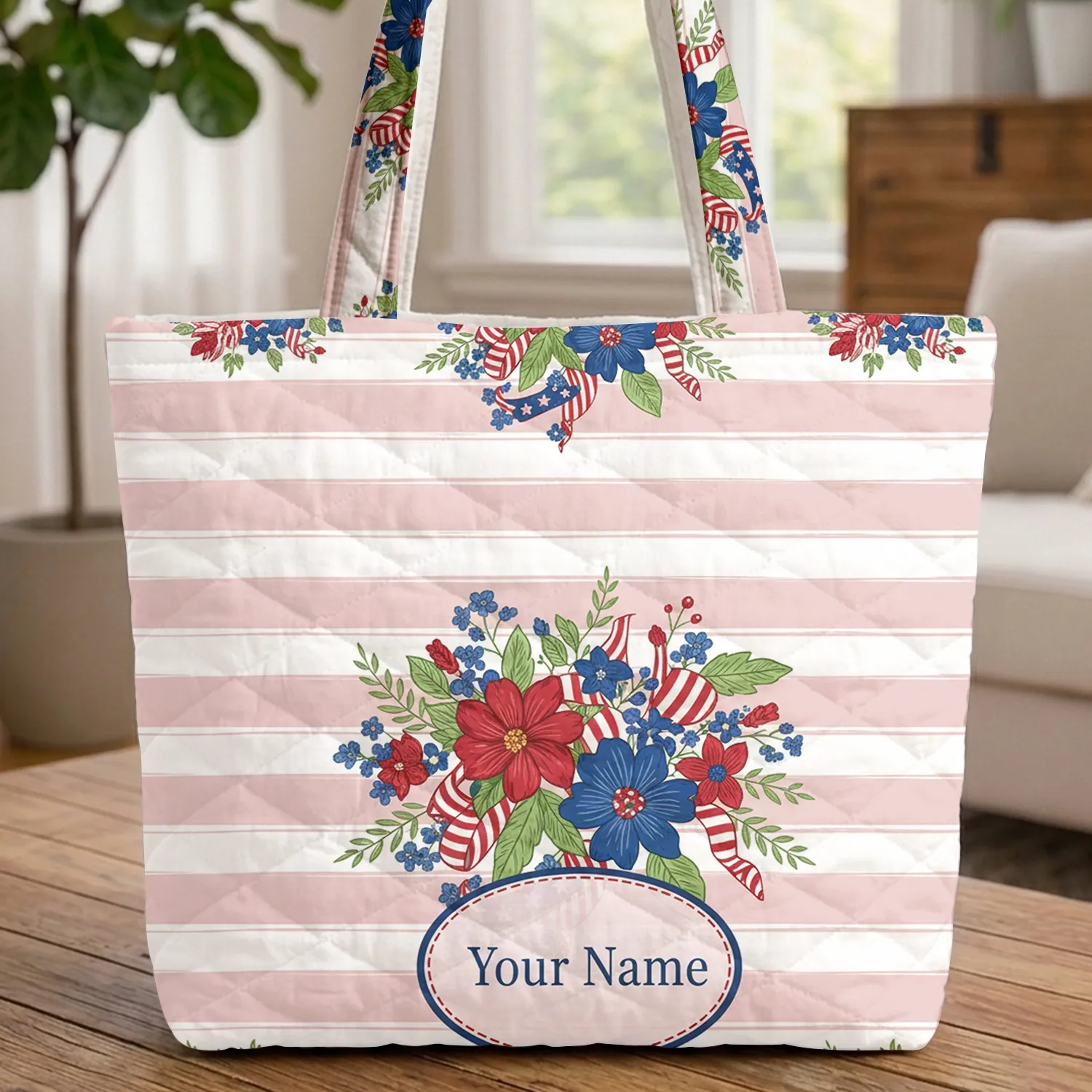 Patriotic Floral Bouquet Stars Stripes Name Medallion - Independence Day Celebration Gift Quilted Tote Bag - 1