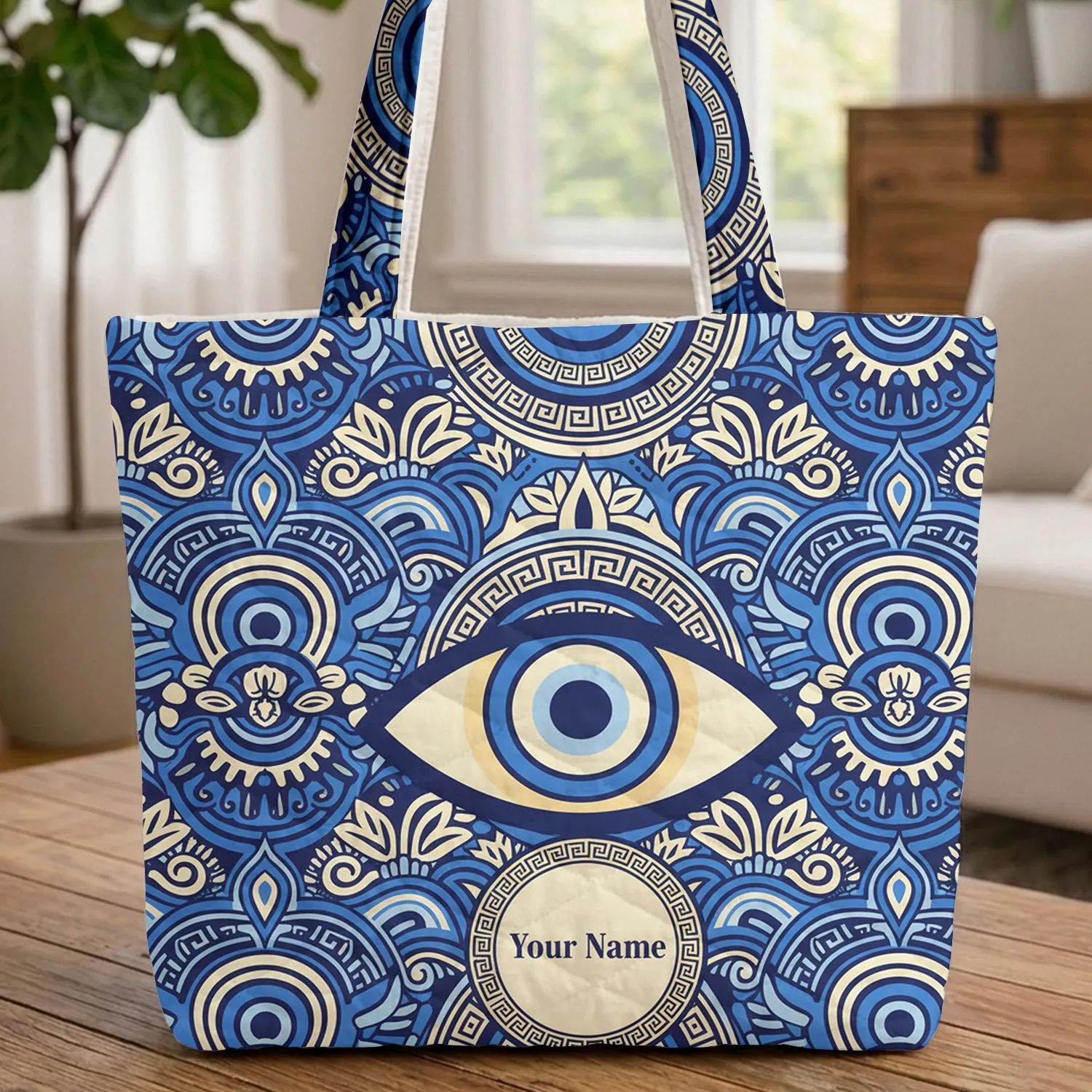 Blue Yellow Concentric Nazar Amulet Laurel Waves Ornate Floral Good Luck Gift Quilted Tote Bag - 1