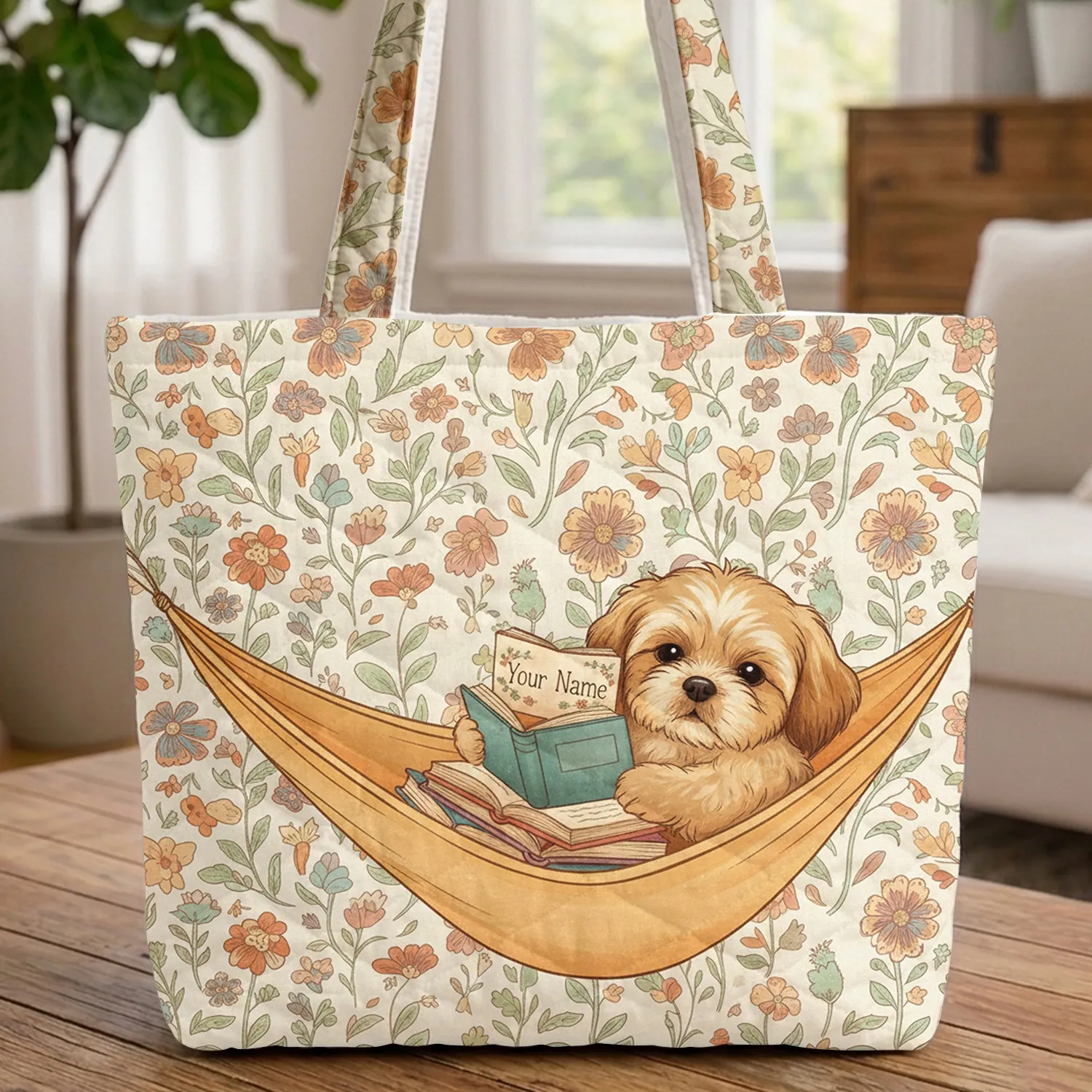 Shih Tzu Puppy Reading Books Wildflower Vines Personalized - Dog Lover Gift Quilted Tote Bag - 1