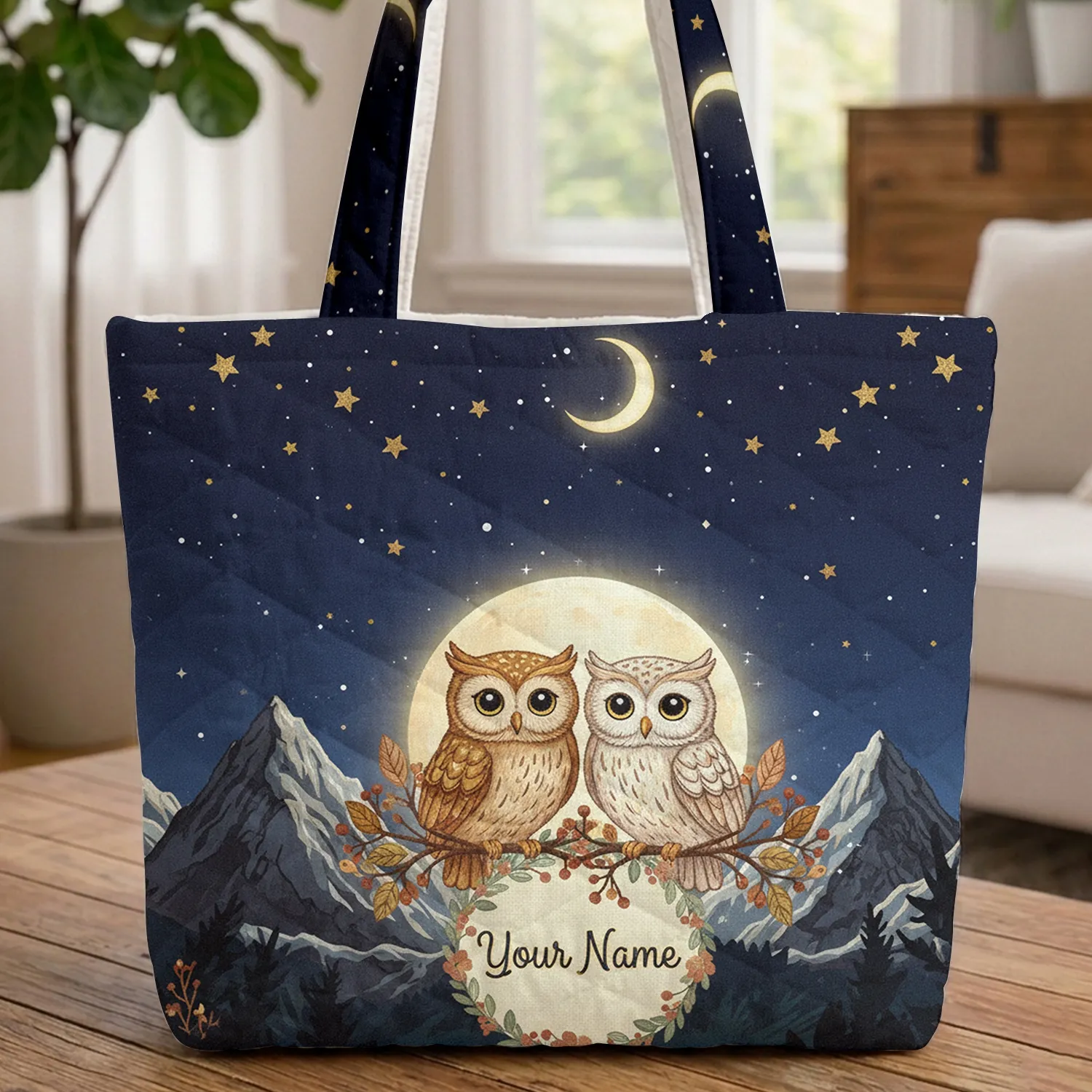 Owls Starry Night Full Moon - Personalized Gift for Owl Lovers Quilted Tote Bag - 1