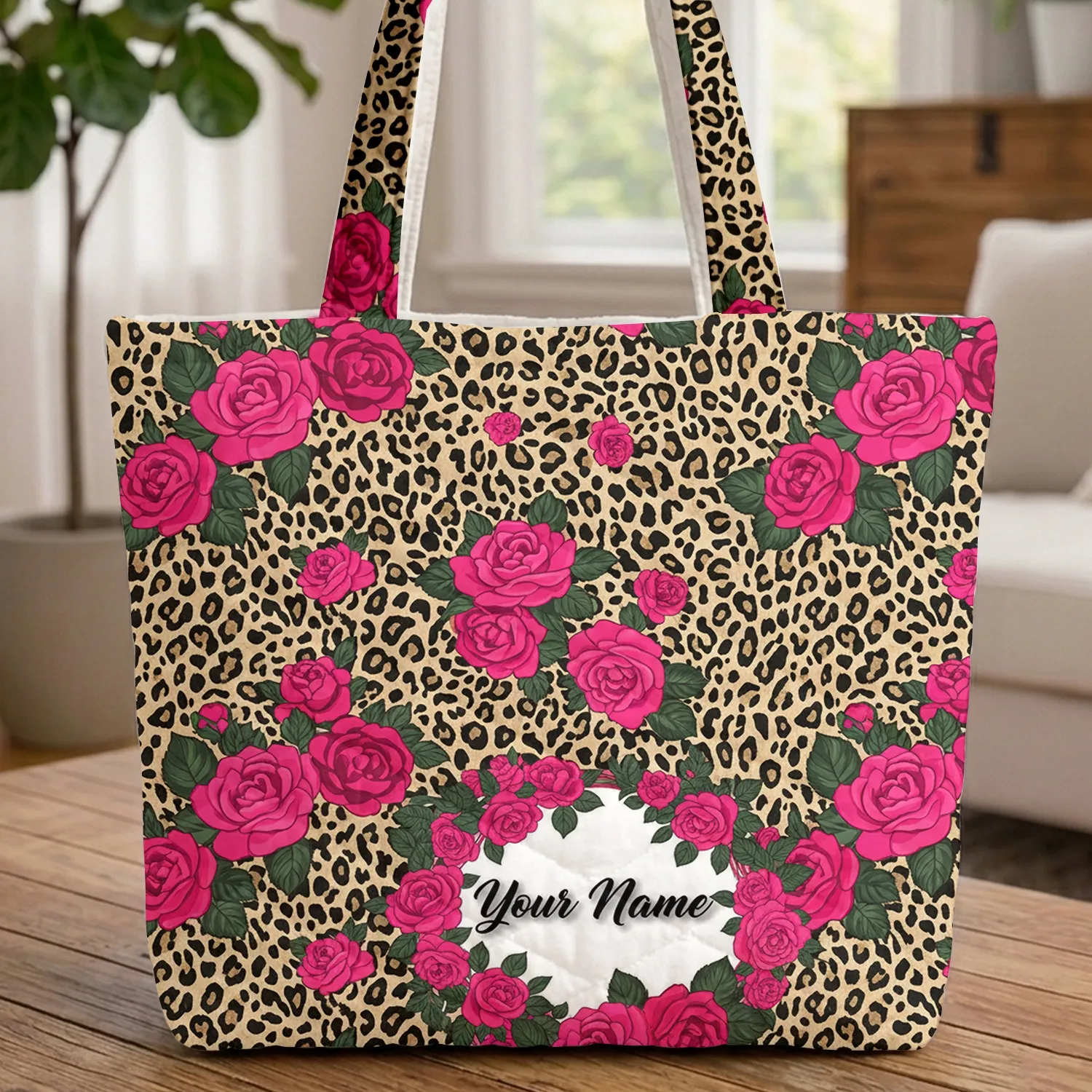 Personalized Leopard Print Hot Pink Roses Floral Bouquet - Everyday Fashion Accessory Quilted Tote Bag - 1