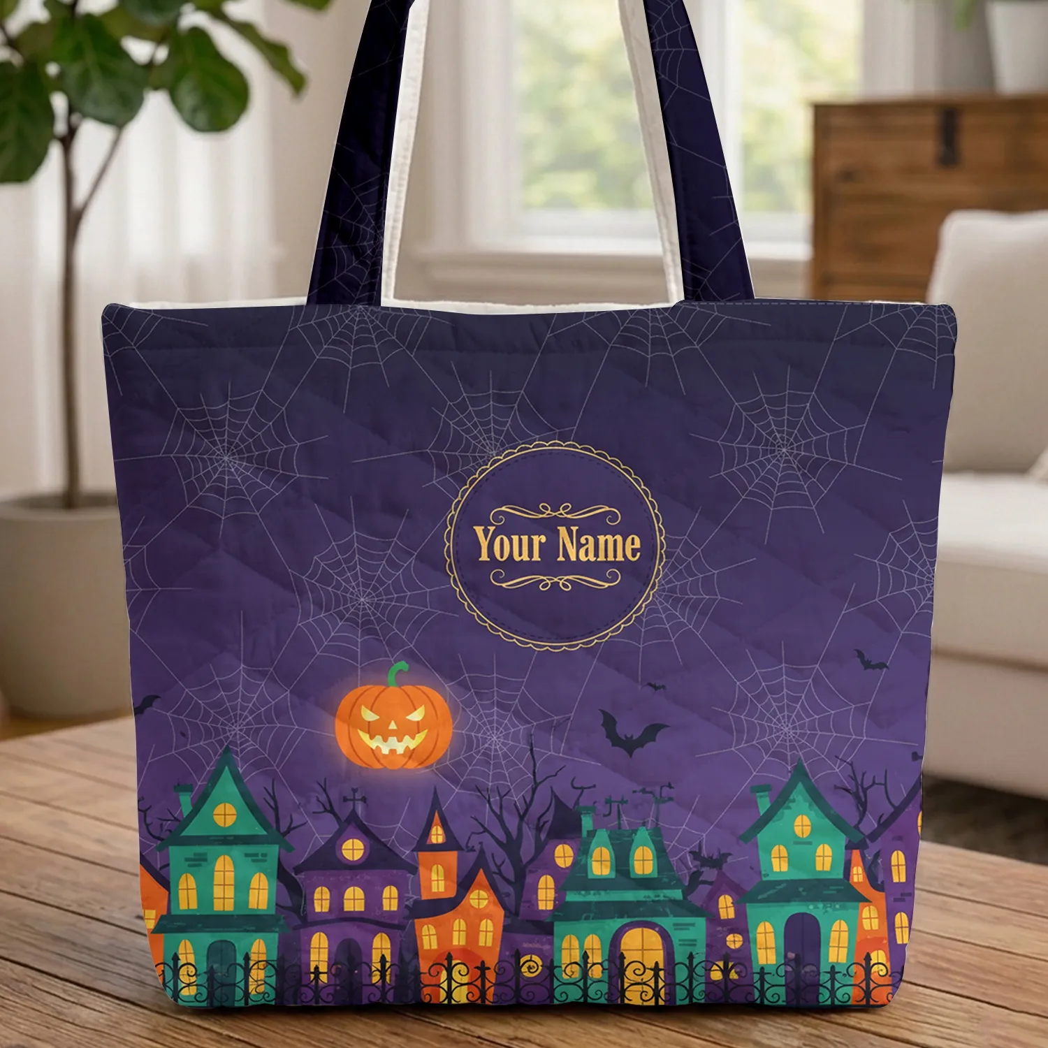 Personalized Haunted Houses Spiderweb Sky Jack-o'-lantern Moon - Halloween Gift Quilted Tote Bag - 1
