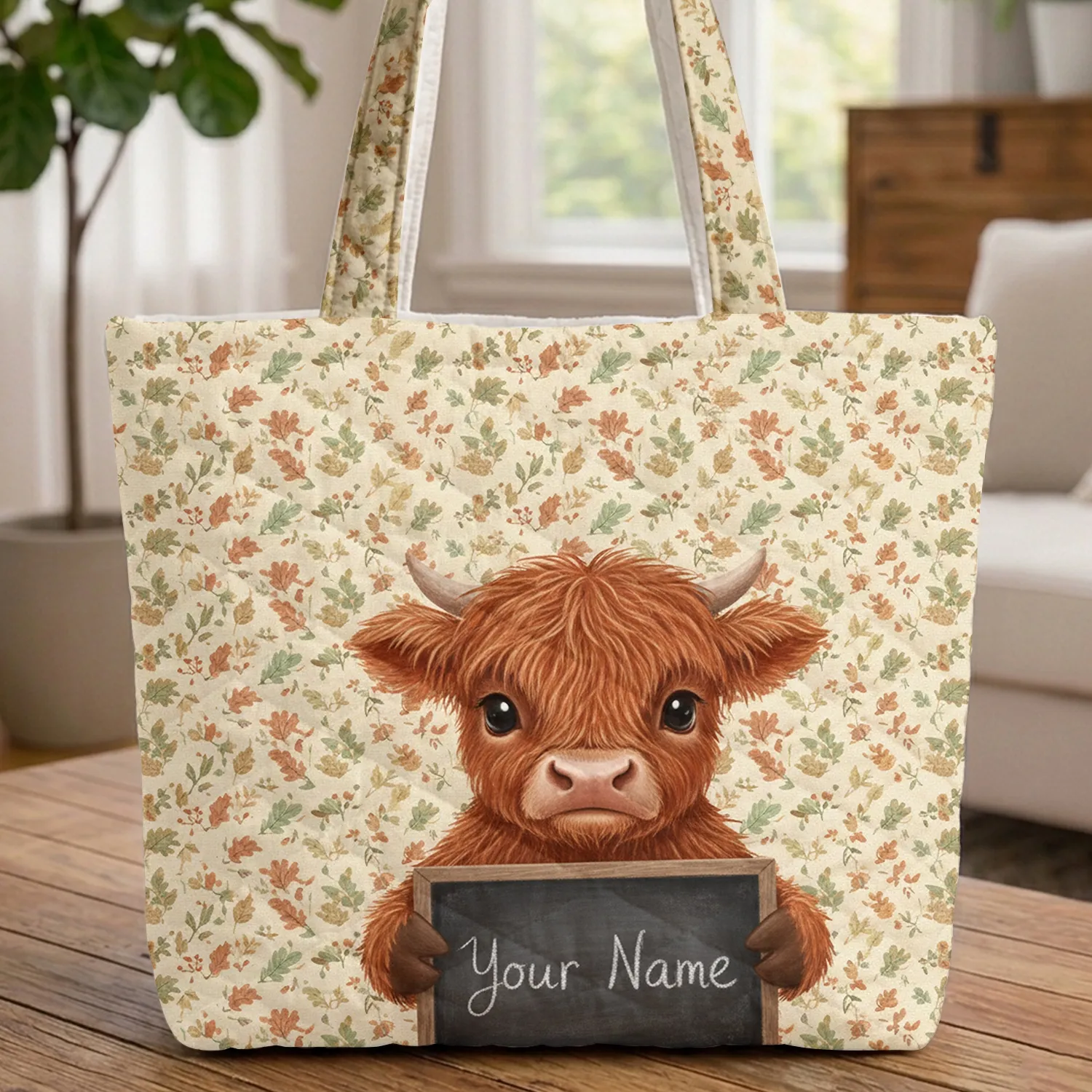 Shaggy Fur Baby Highland Cow Oak Leaves Acorns Berries - Farmhouse Bag Gift Quilted Tote Bag - 1