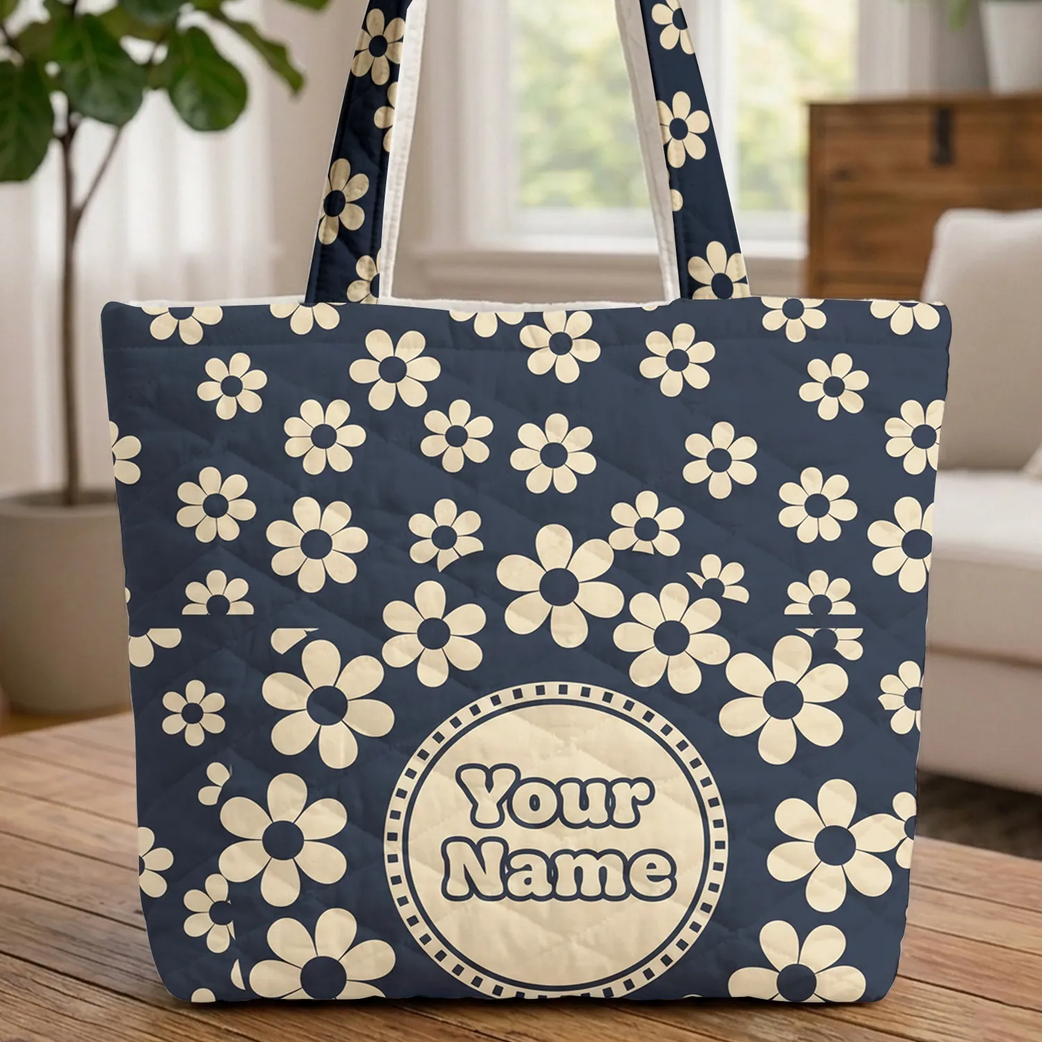 Retro Daisy Floral Wreath Personalized Name - Everyday Gift Quilted Tote Bag - 1
