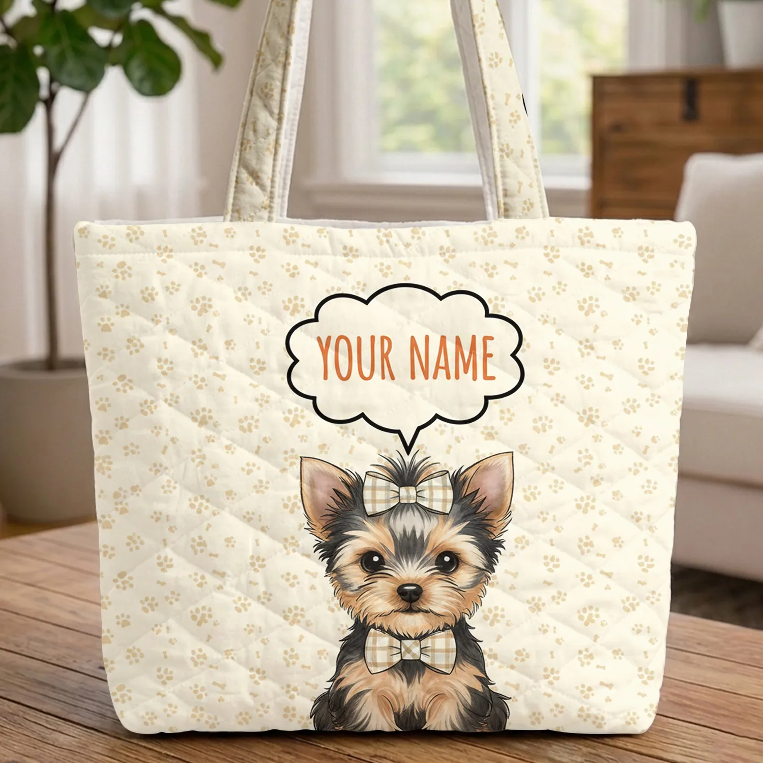 Yorkshire Terrier Puppy Paw Print Bone Cloud Speech Bubble - Puppy Lover Gift Quilted Tote Bag - 1