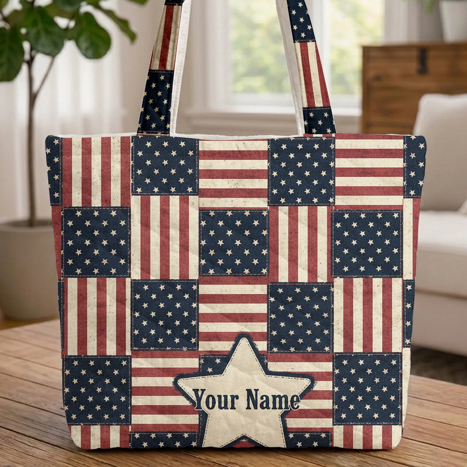 Distressed American Flag Star Patchwork - Independence Day Patriotic Gift Quilted Tote Bag - 1