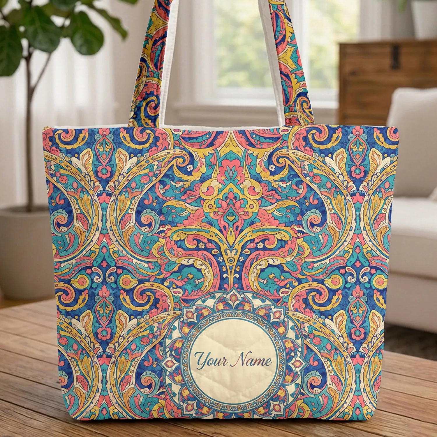 Paisley Teardrop Floral Circular Medallion - Boho Lifestyle Bag Gift Quilted Tote Bag - 1