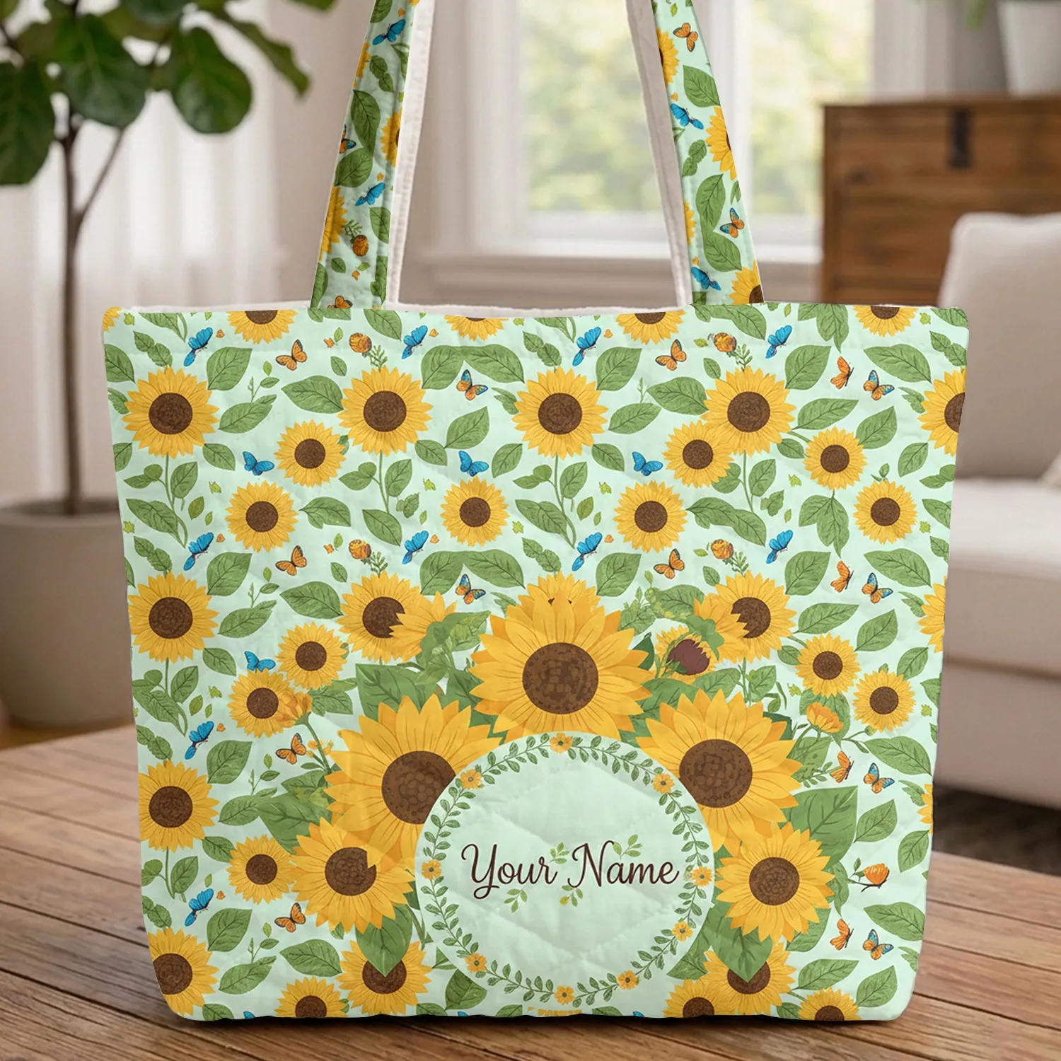 Dense Sunflowers Blue Orange Butterflies Floral Wreath Garden - Summer Gift Quilted Tote Bag - 1