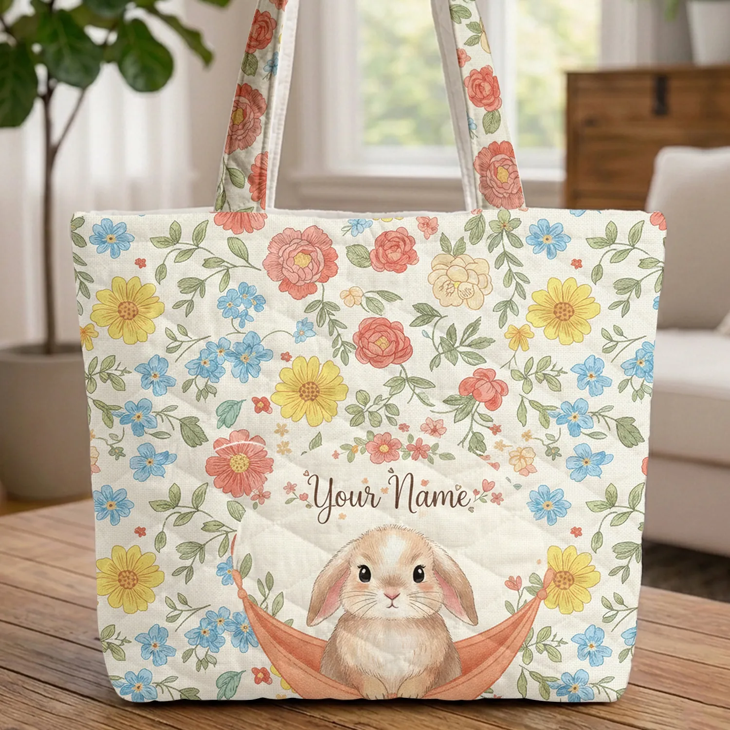 Lop-Eared Bunny Floral Wreath Personalized - Everyday Carryall Bunny Lover Quilted Tote Bag - 1