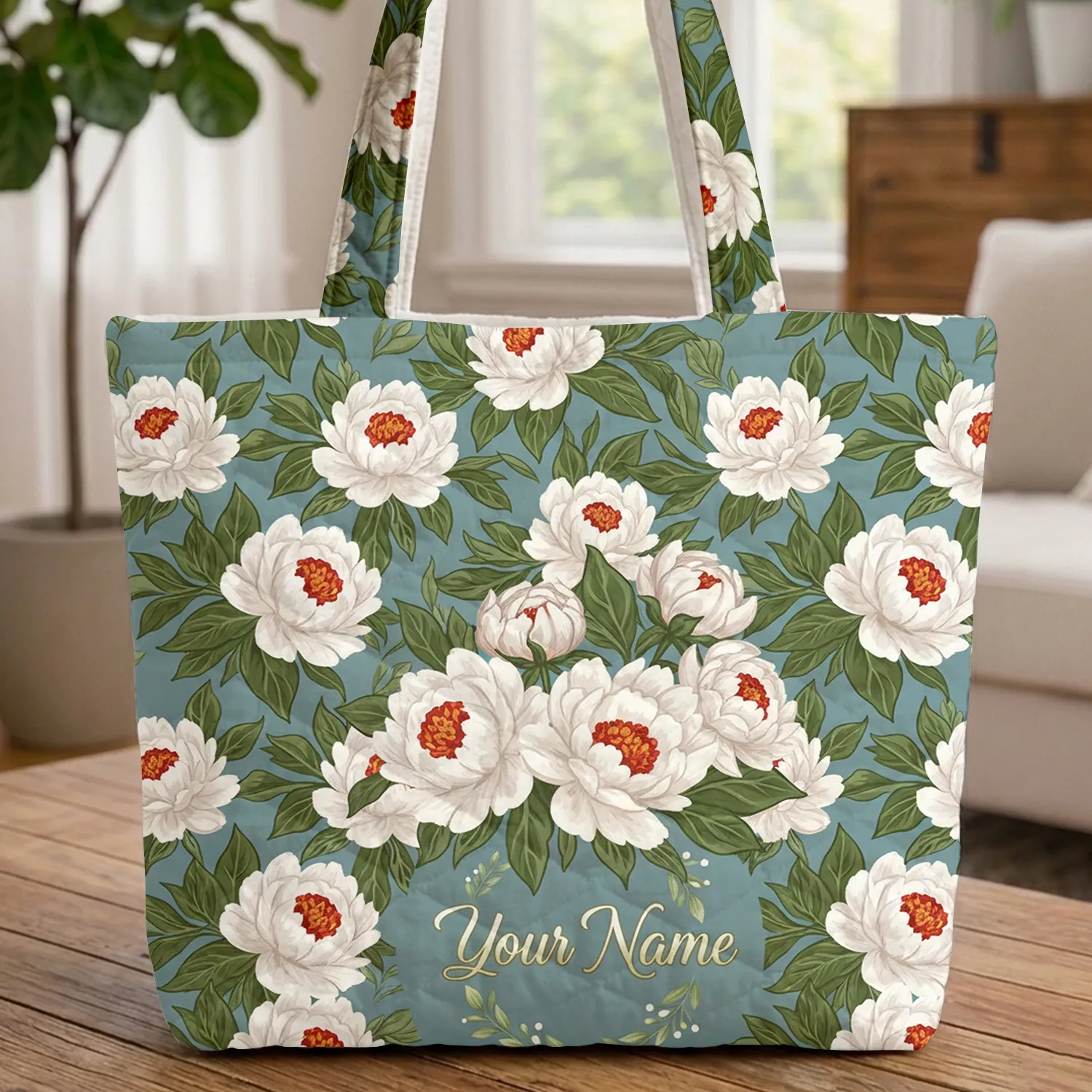Lush Peony Floral Wreath - Personalized Name Everyday Carryall Quilted Tote Bag - 1