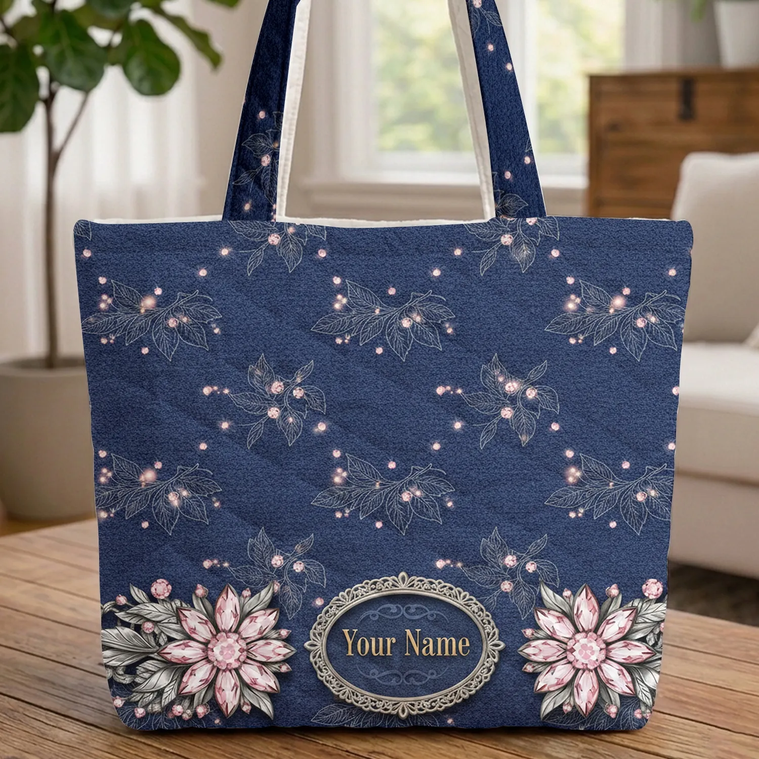 Ornate Floral Brooches Silver Leaf Personalized Locket Everyday Style Quilted Tote Bag - 1