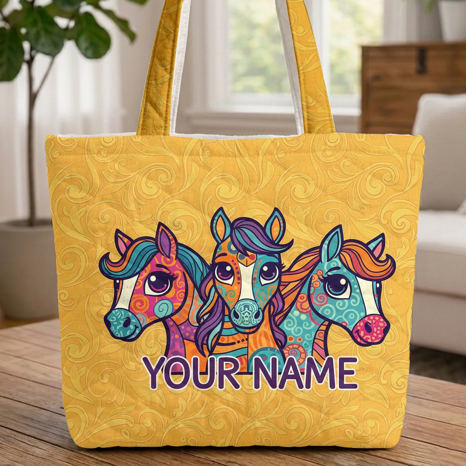 Three Patchwork Horses Storybook Text Leaf Vine - Everyday Tote Gift For Horse Lovers Quilted Tote Bag - 1