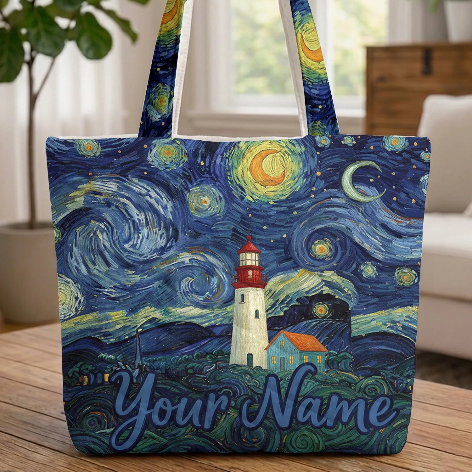 Lighthouse Small House Starry Sky Crescent Moon Waves - Coastal Bag Gift Quilted Tote Bag - 1
